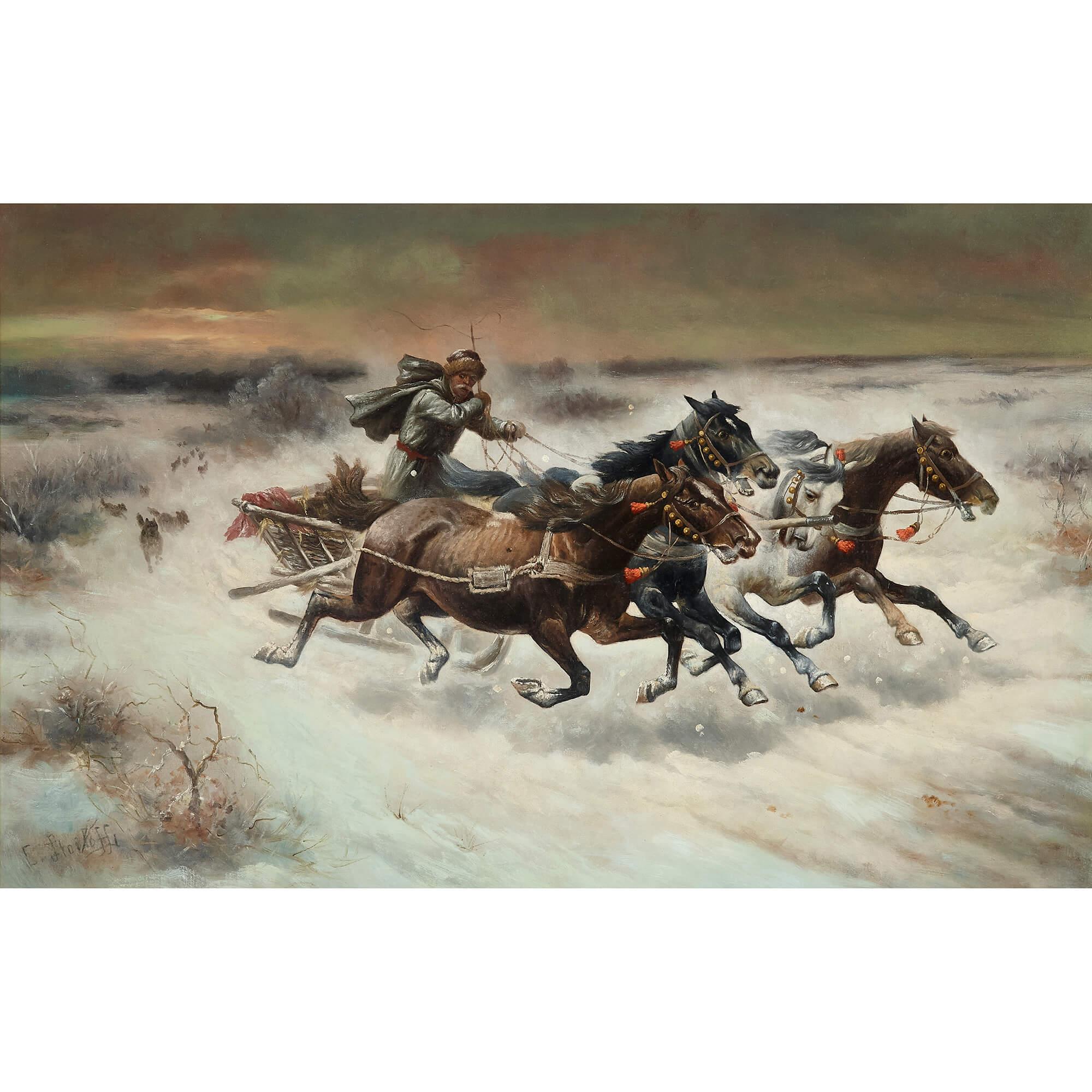 Russian oil painting 'The Chase' signed C. Stoiloff - Painting by Adolf Constantin Baumgartner-Stoiloff