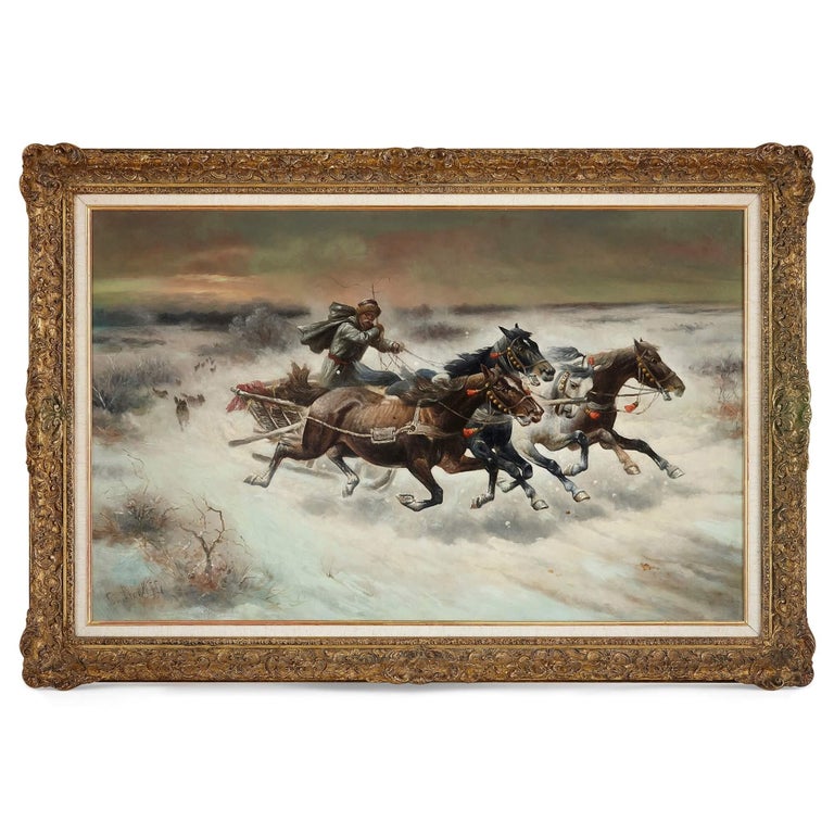 Adolf Constantin Baumgartner-Stoiloff Landscape Painting - Russian oil painting 'The Chase' signed C. Stoiloff