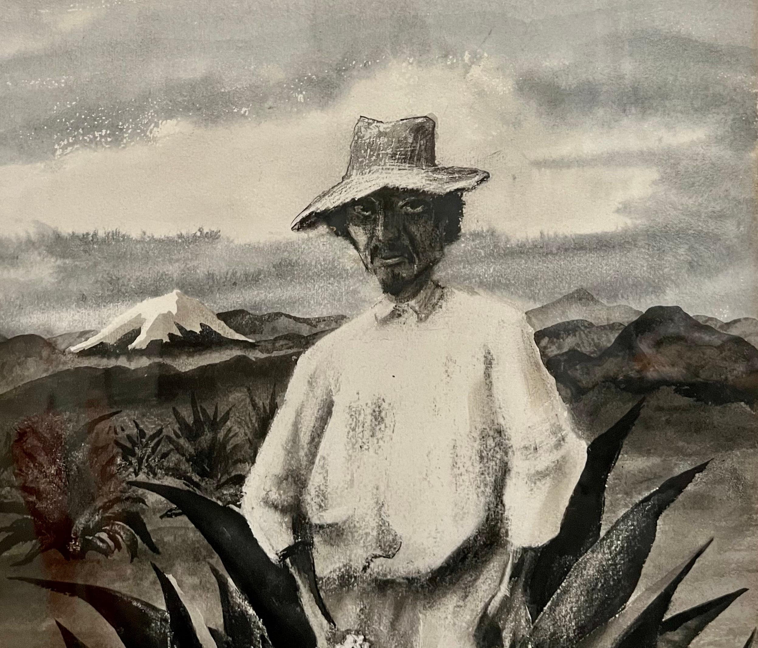 ADOLF ARTHUR DEHN (américain, 1895-1969) 
Portrait d'un homme mexicain avec un cactus agave, 1939, peinture à la gouache
Signé à la main et daté '39 en bas à gauche. 
Whitney Museum of American Art, N.Y. Label au verso
vue : 20.5 in. X 15 in. Le