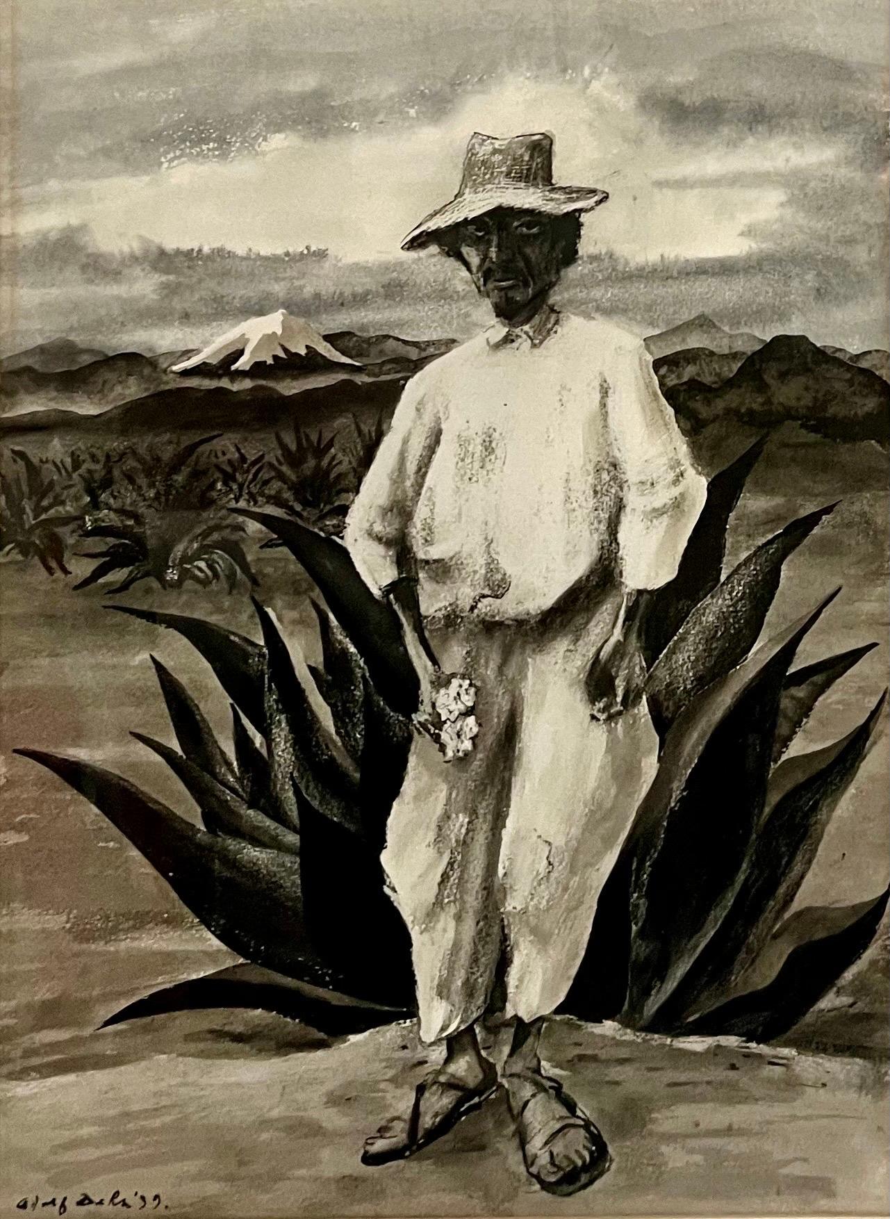 1939 Mexican Farm Worker WPA Artist Adolf Dehn American Modern Gouache Painting For Sale 2