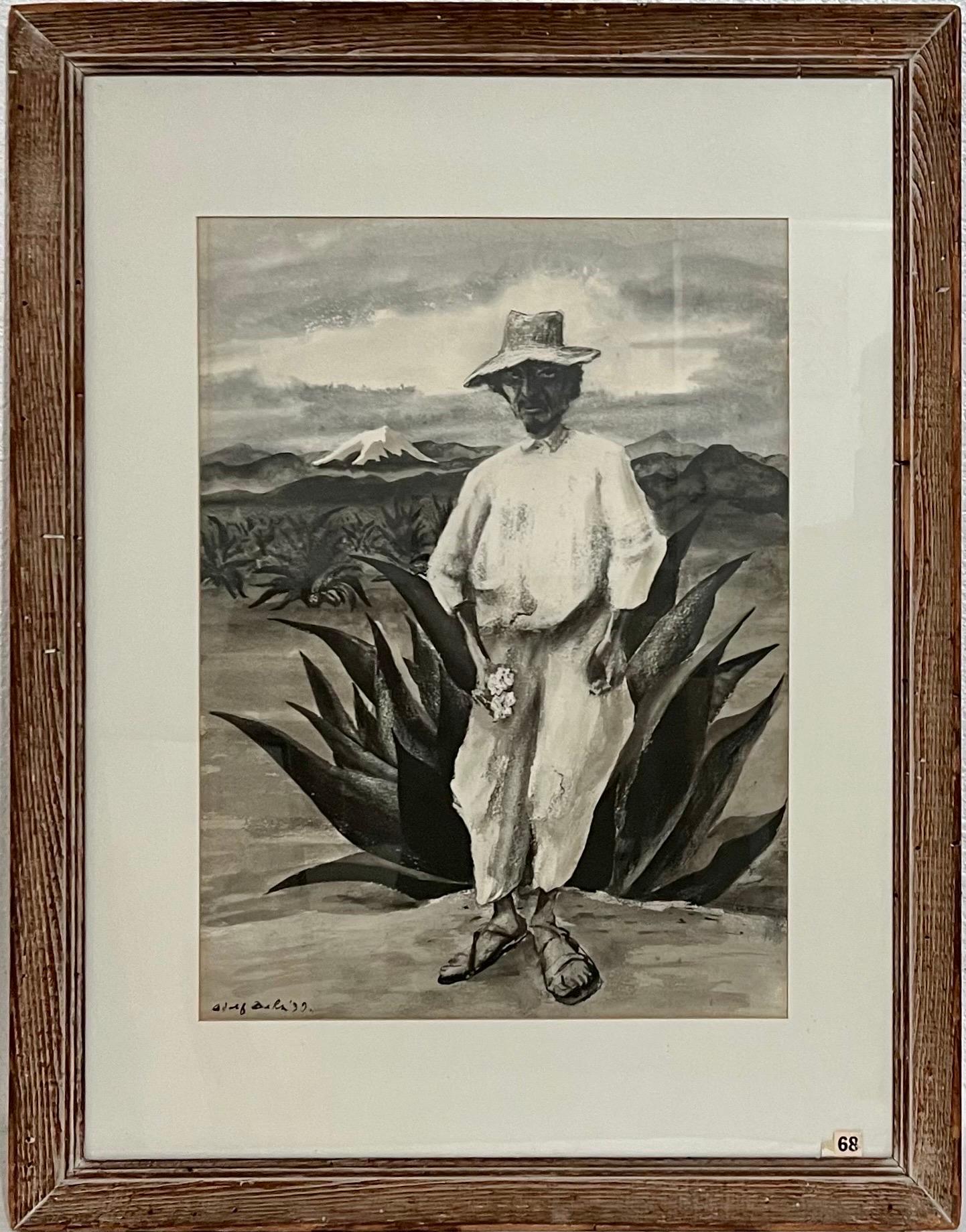 ADOLF ARTHUR DEHN (American, 1895-1969) 
Portrait of Mexican Man with Agave Cactus plant, 1939, Gouache Painting
Hand signed and dated '39 lower left. 
Whitney Museum of American Art, N.Y. Label verso
sight: 20.5 in. X 15 in. Frame is 32 X 24