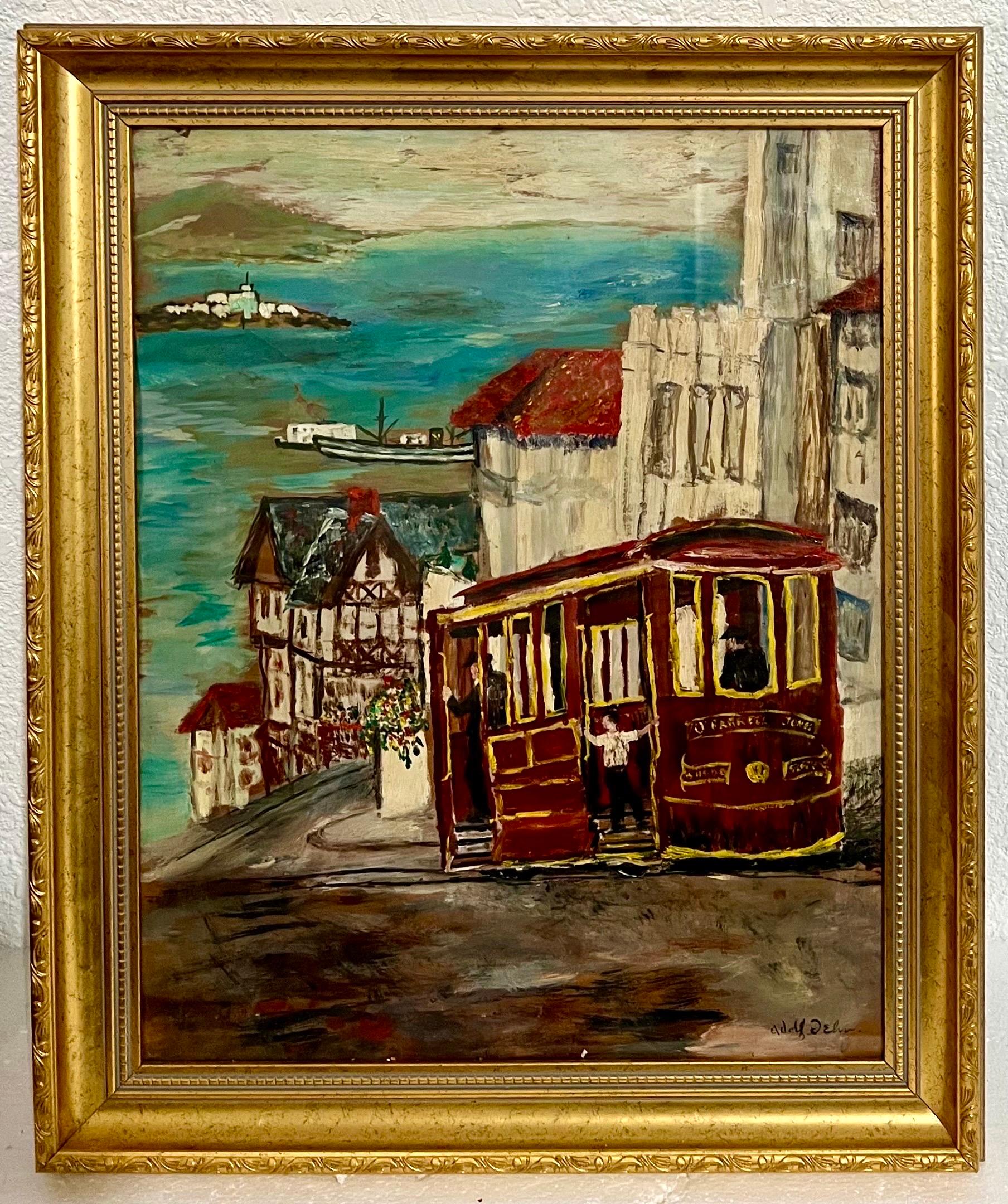 ADOLF ARTHUR DEHN (Amerikaner, 1895-1969) 
Straßenszene in der San Francisco Bay Area mit Trolley, Straßenbahn und Cable Car mit der Bucht und der Insel Alcatraz im Hintergrund.
Handsigniert LRC.
Visier 19