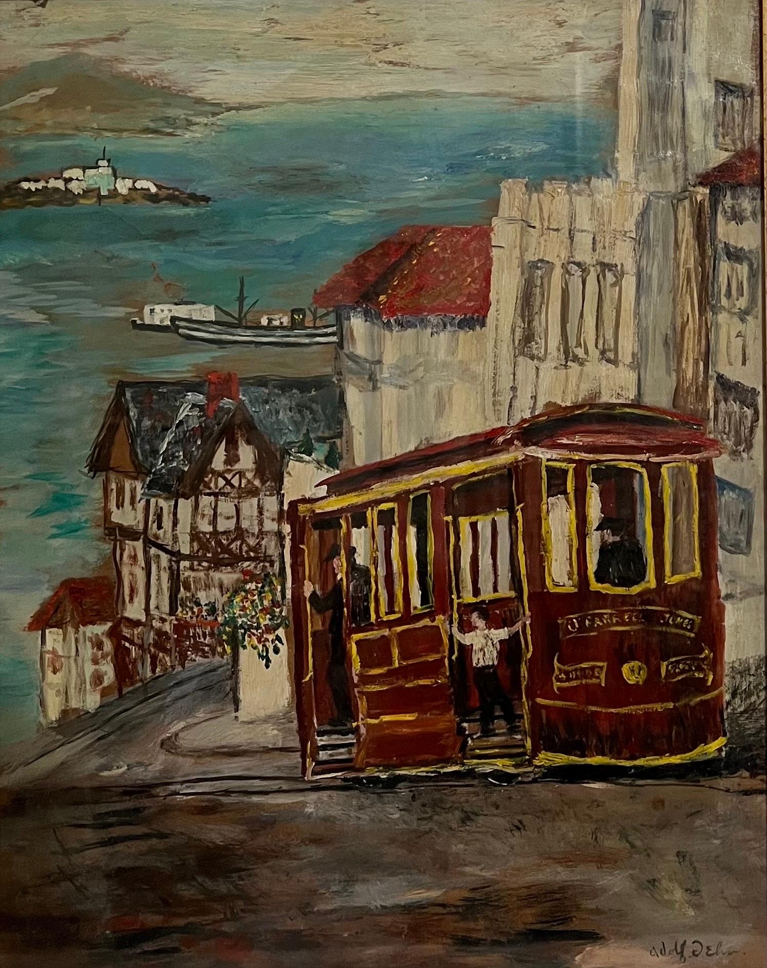 San Francisco Cable Car WPA Artist Adolf Dehn Modernist Art Gouache Oil Painting For Sale 4