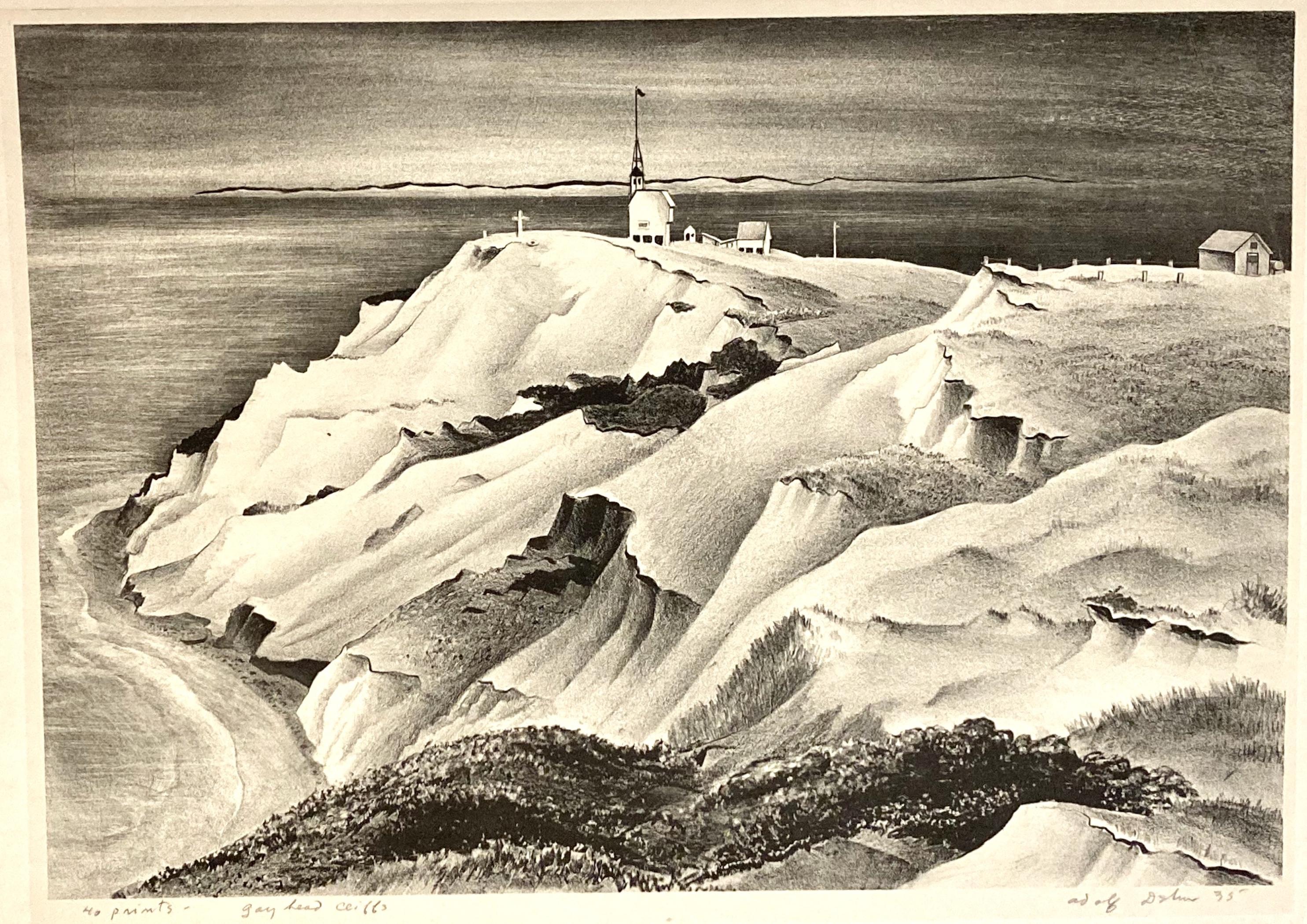 Gay Head Cliffs, a 1935 lithograph by Adolf Dehn (1895-1968), depicts a National Landmark in Aquinnah, Martha's Vineyard, MA. Somehow Dehn has managed to capture the very texture of these clay ledges using black ink and chine colle. This print