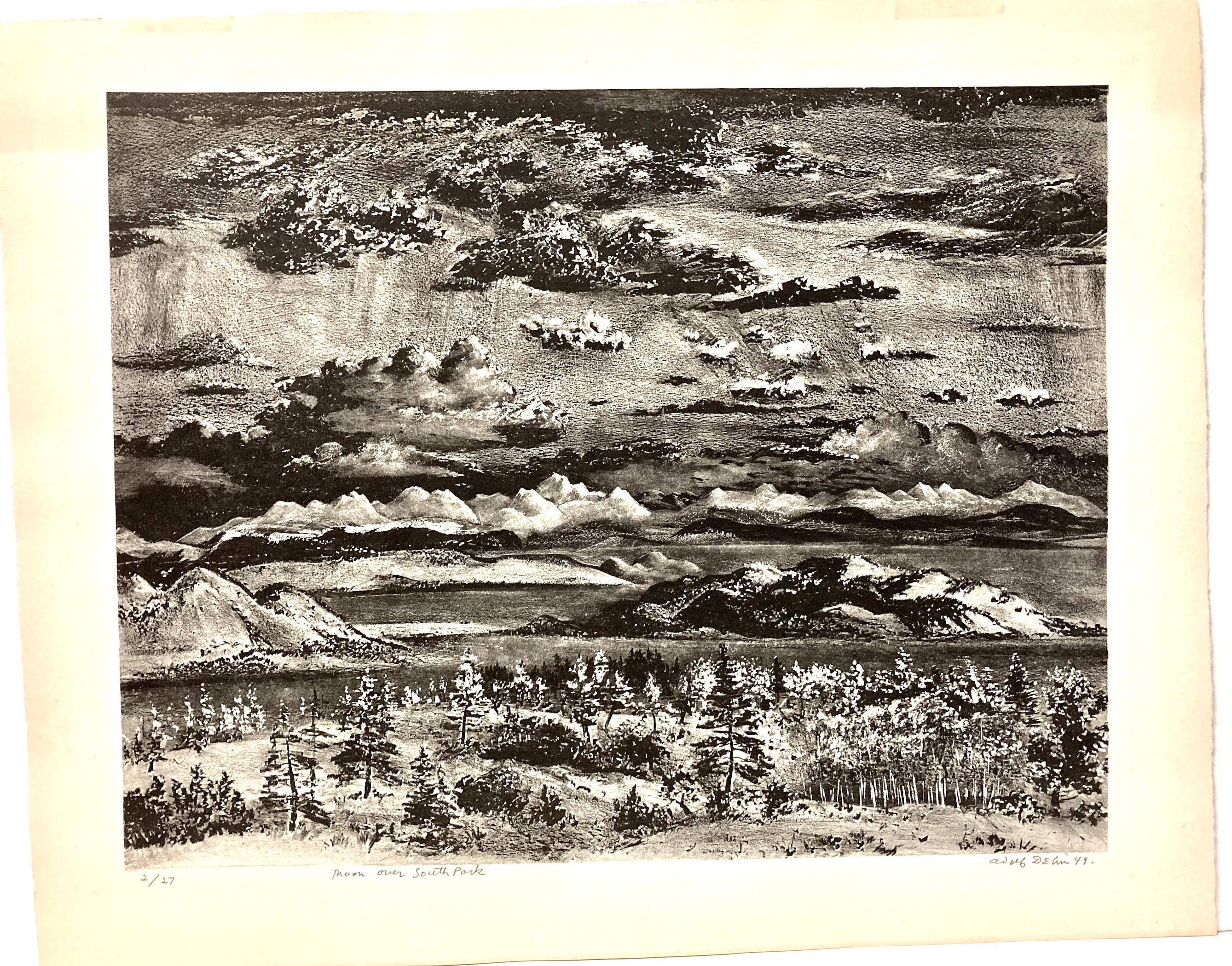 Adolf Dehn, Moon Over South Park, 1949, lithographie du Colorado datant du milieu du siècle. en vente 1