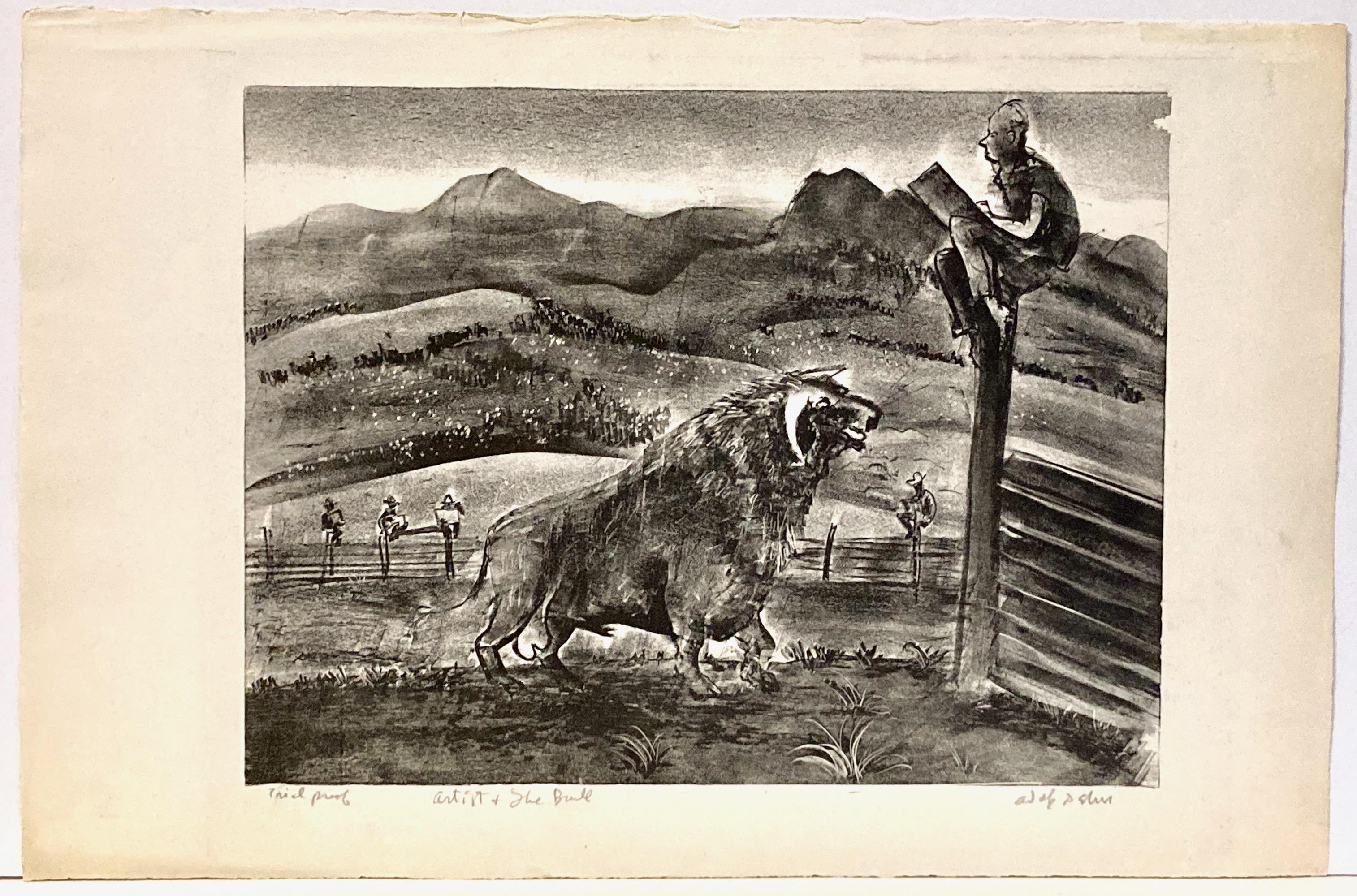 Adolf Dehn, El artista y el toro, 1940, litografía autorretrato, Colorado en venta 4