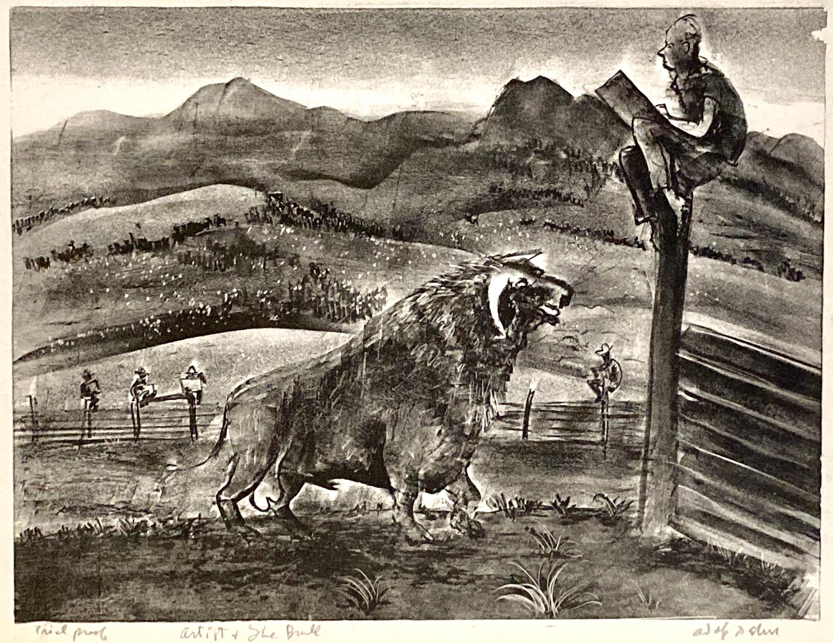 Adolf Dehn, El artista y el toro, 1940, litografía autorretrato, Colorado en venta 5