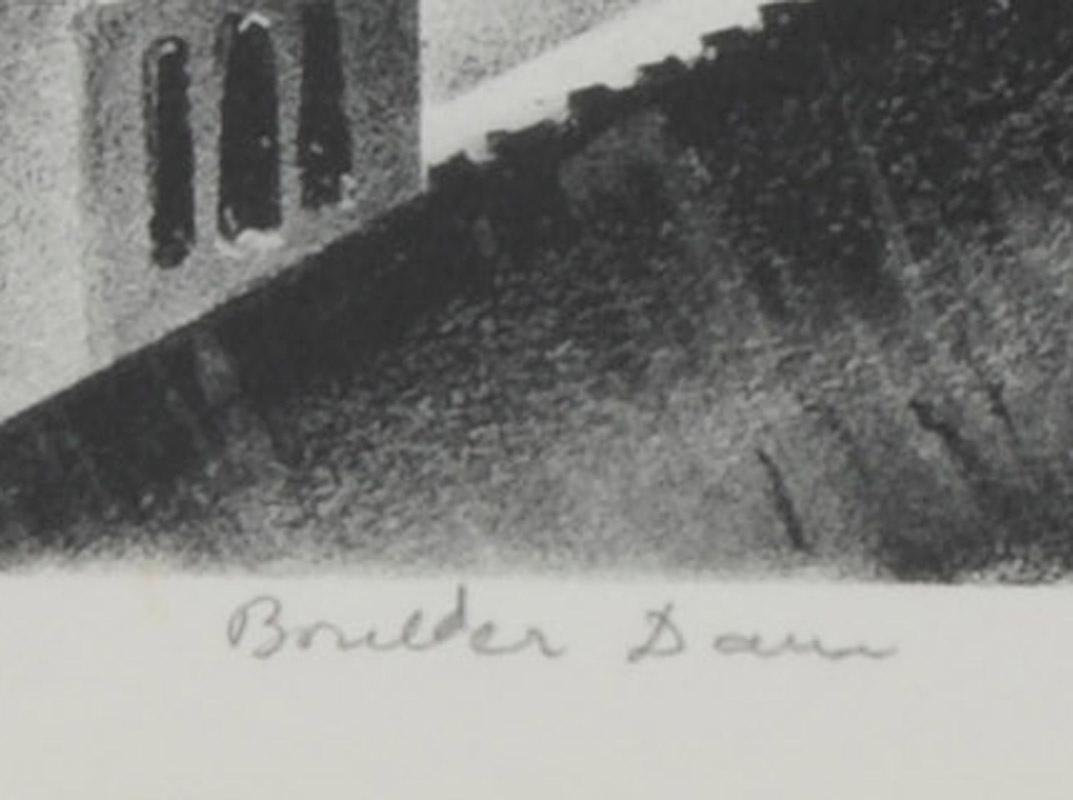 Boulder Dam
Lithograph, 1946
Signed and dated in pencil lower right (see photo)
Titled in pencil lower left (see photo)
Printed by Lawrence Barrett, Colorado Springs
Edition of 40 or 50 impressions
Reference: Lumsdaine & O'Sullivan 411
Condition: