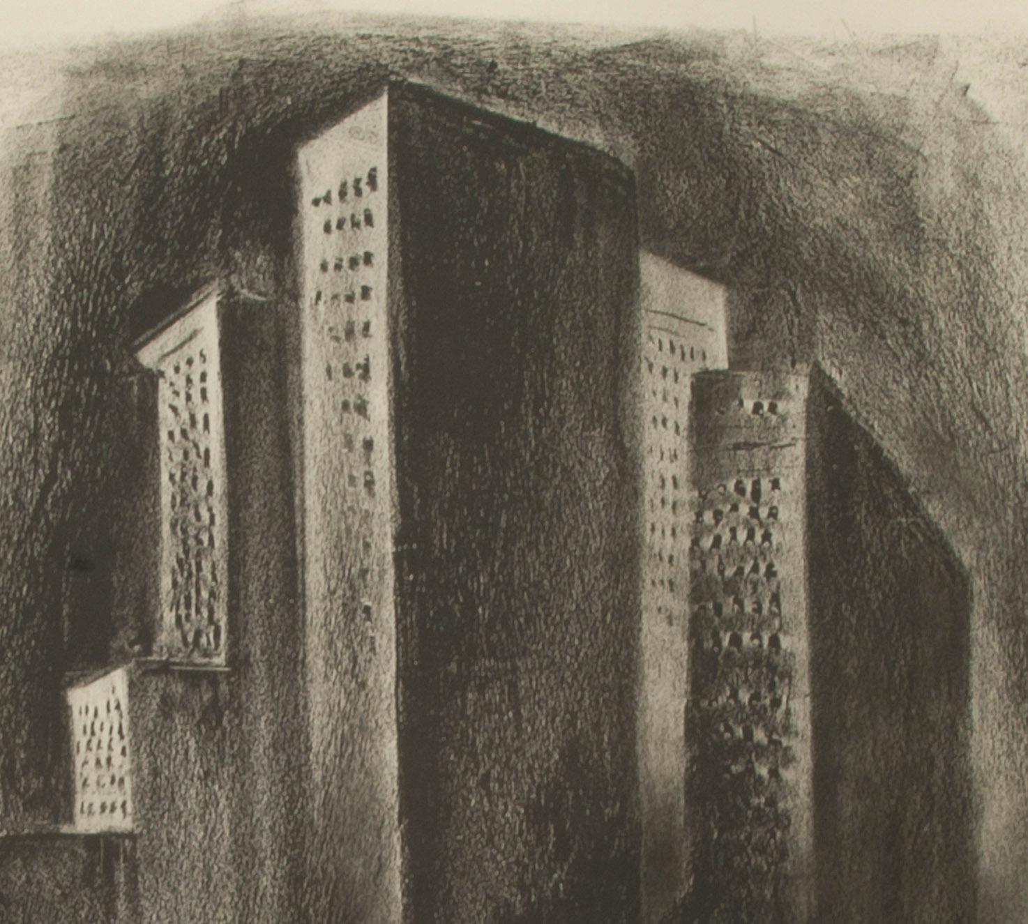 New York Night\Lithograph, 1930
Edition: 30
Printer: Meister Schulz, Berlin
Printed on heavy wove paper without watermark
This lithograph was created in Berlin from Dehn's vivid memories of the Metropolis. This image depicts the monumental scale of