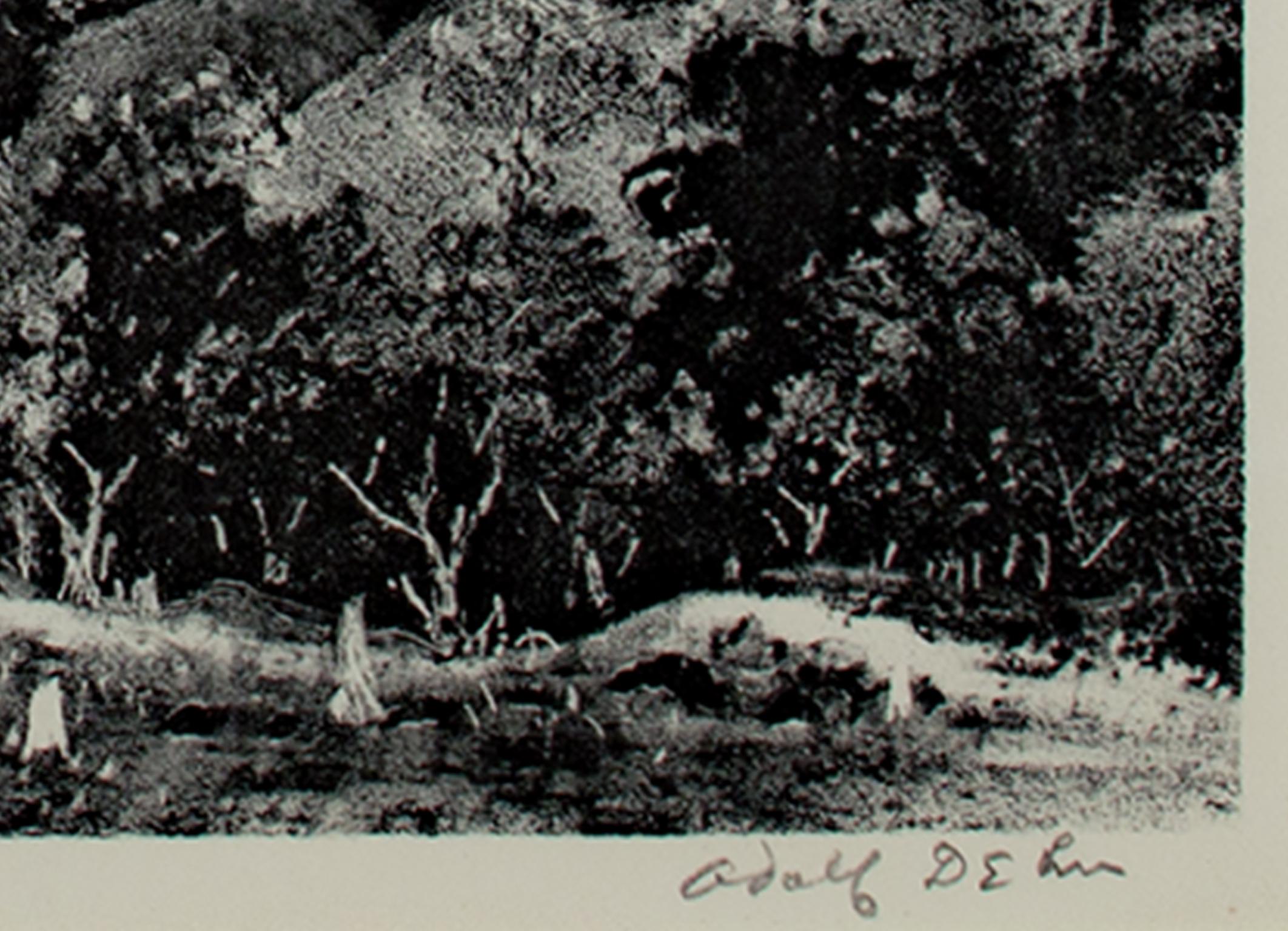 siglo xx litografía en blanco y negro impresión de paisaje árboles lago firmada - Print de Adolf Dehn