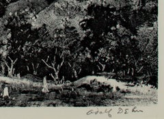 20th century lithograph black and white landscape print trees lake signed