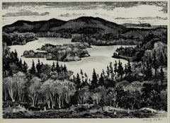 siglo xx litografía en blanco y negro impresión de paisaje árboles lago firmada