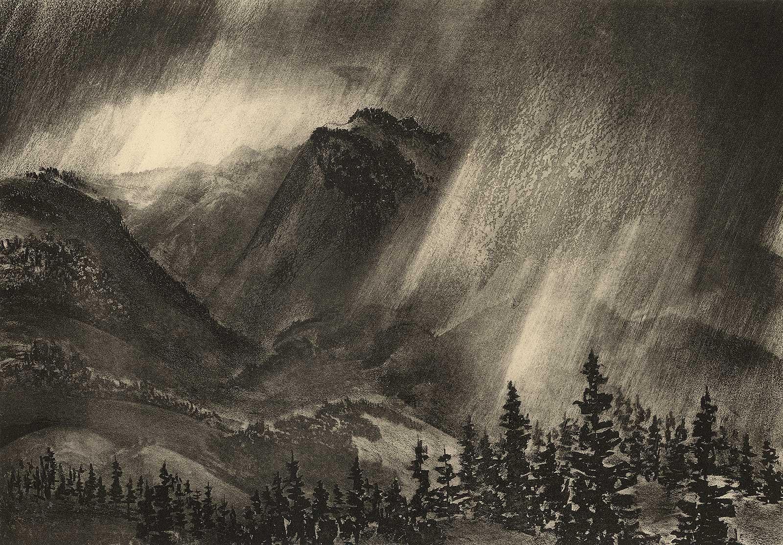 Adolf Dehn Portrait Print - Rain at Semmering High Alpine skiing site in Austria)