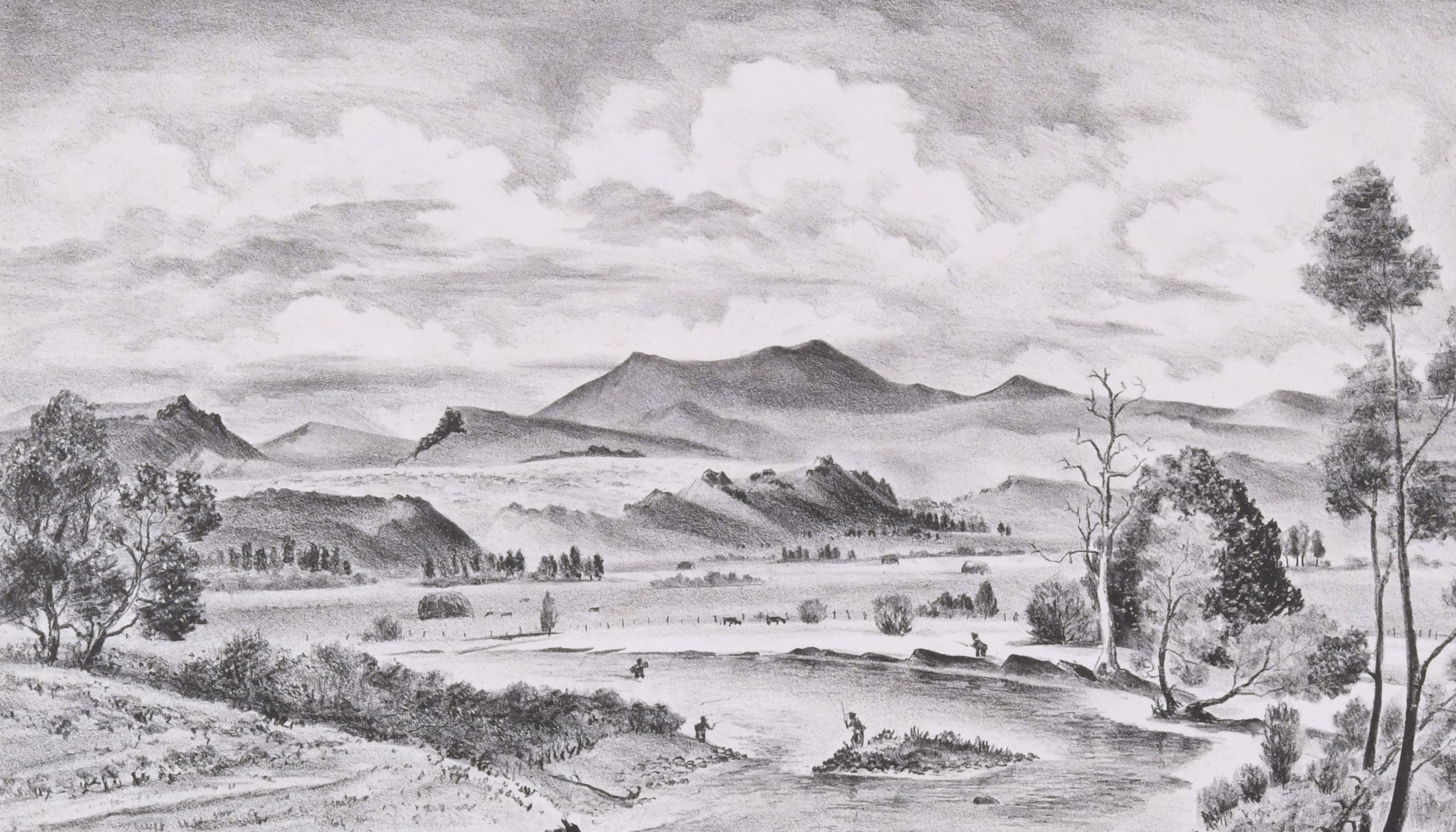 Trout Fishing on the Gunnison (Colorado) - Gray Landscape Print by Adolf Dehn