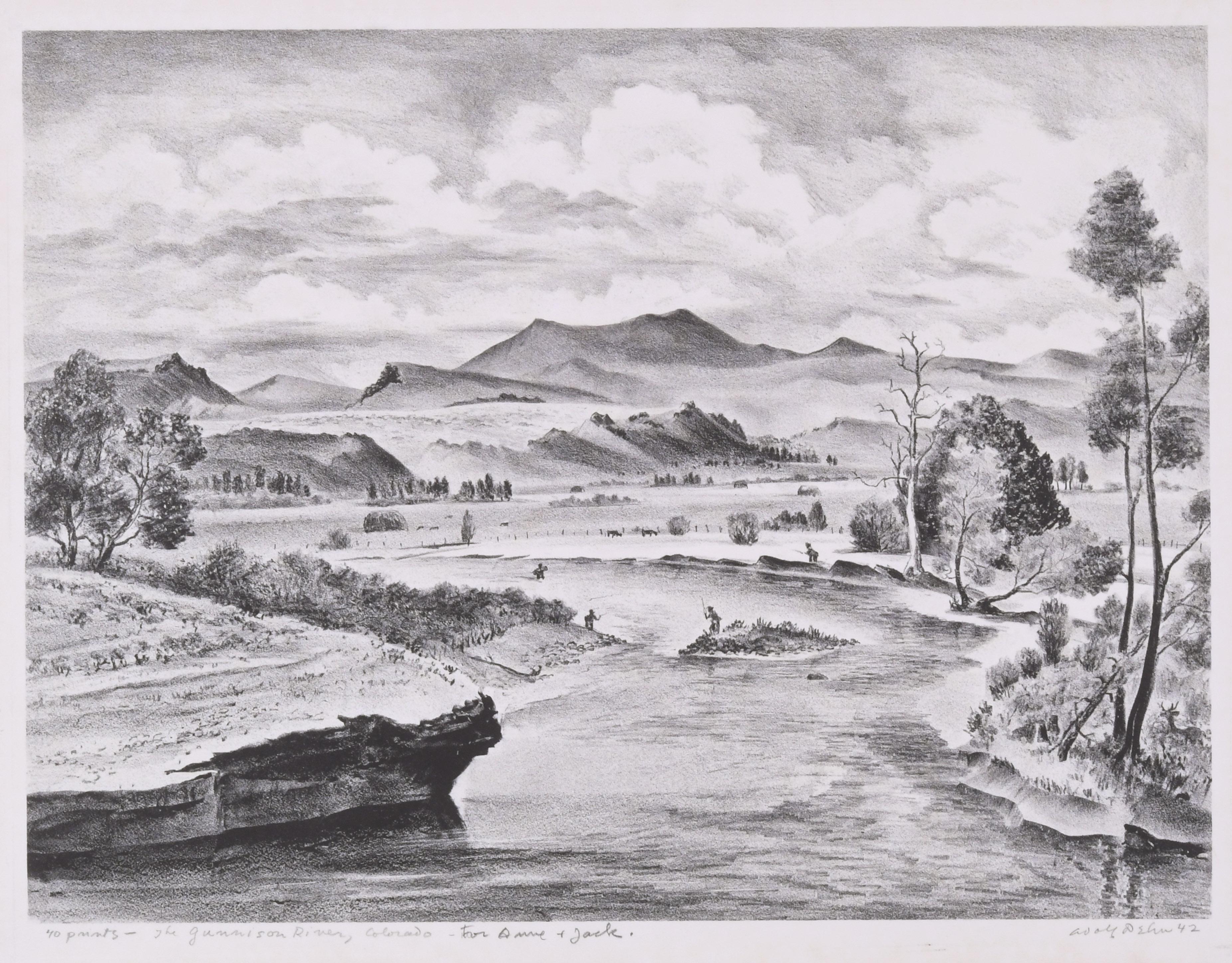 Adolf Dehn Landscape Print - Trout Fishing on the Gunnison (Colorado)