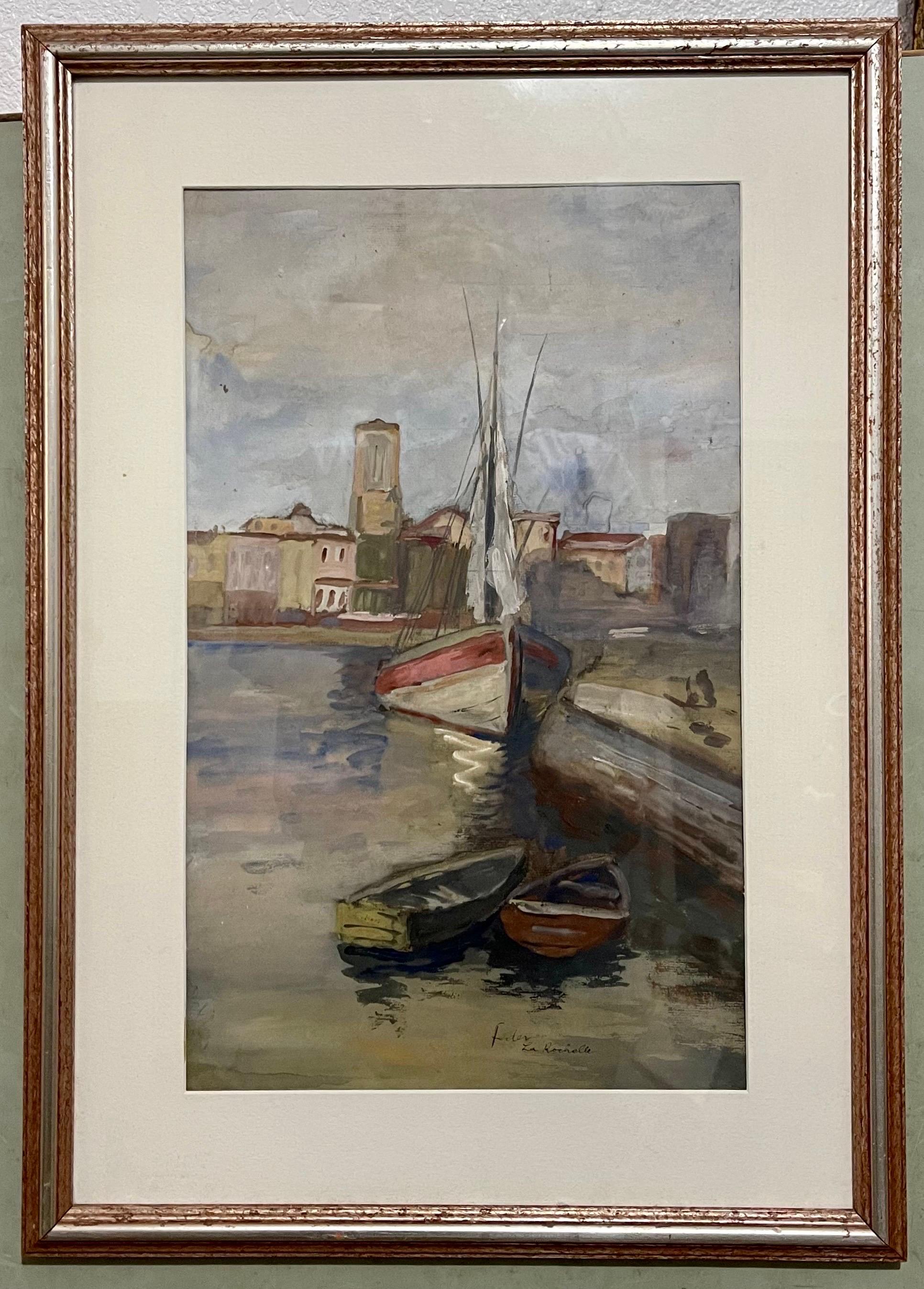 Adolf Feder Jewish Ecole De Paris Watercolor Pastel Painting Boat, Harbor Scene 1