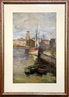 Vintage Adolf Feder Jewish Ecole De Paris Watercolor Pastel Painting Boat, Harbor Scene
