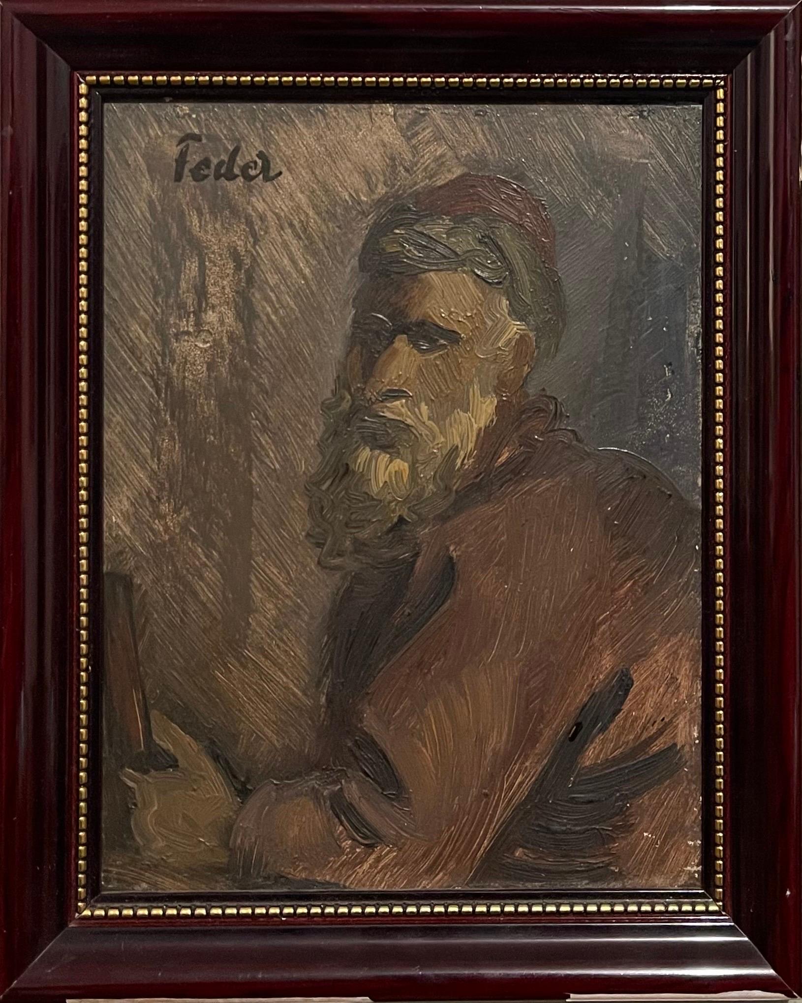 Adolf Feder Miniature Oil Painting of a Jewish Rabbi Sensitive Judaica Portrait  1