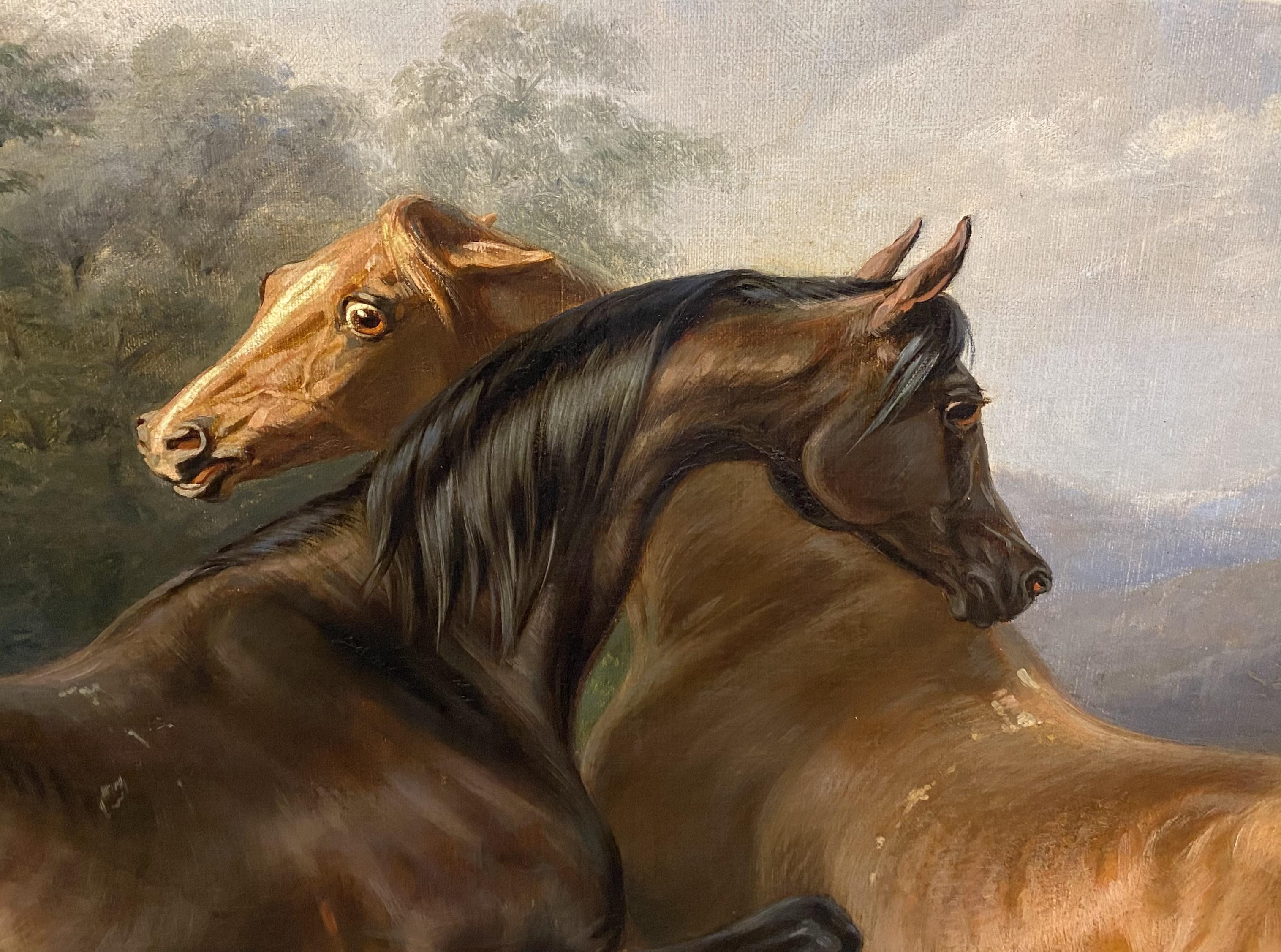 Two Horses - Brown Landscape Painting by Adolf Friedrich