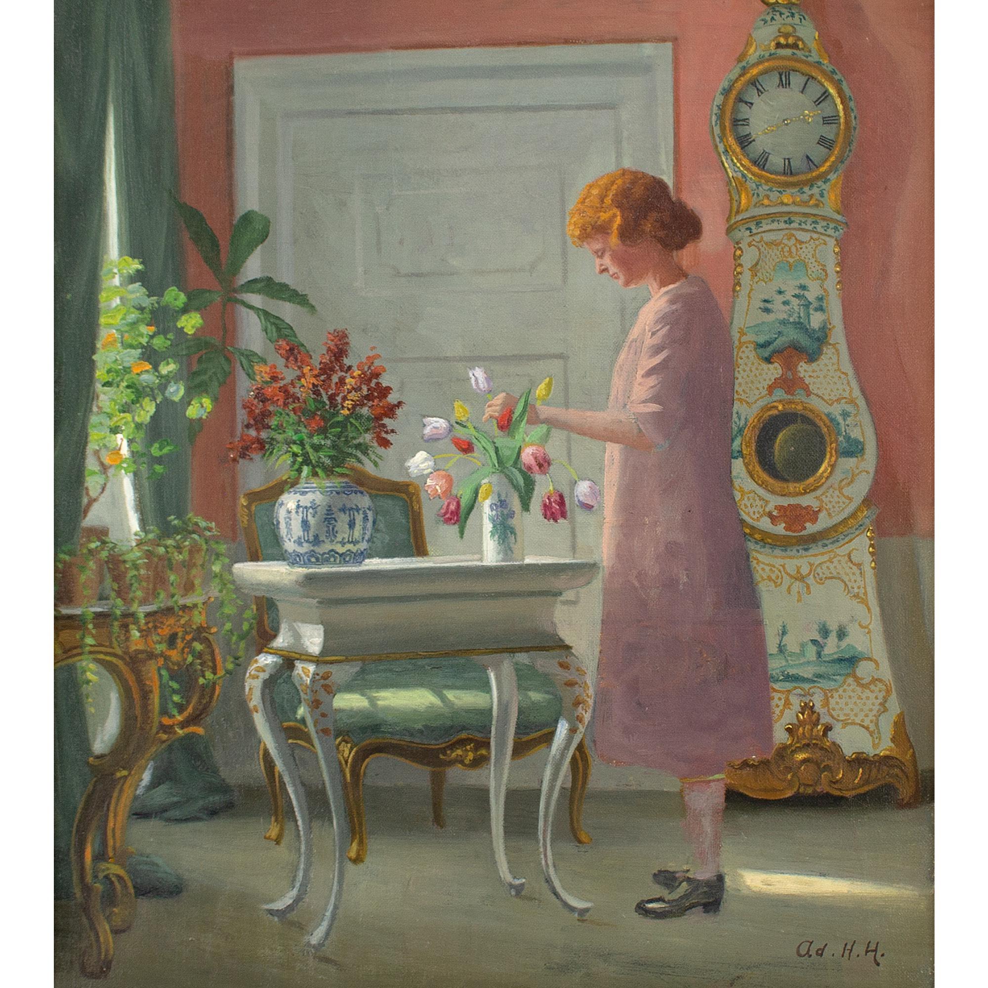 Adolf Heinrich-Hansen, Interior With Girl Arranging Flowers 1