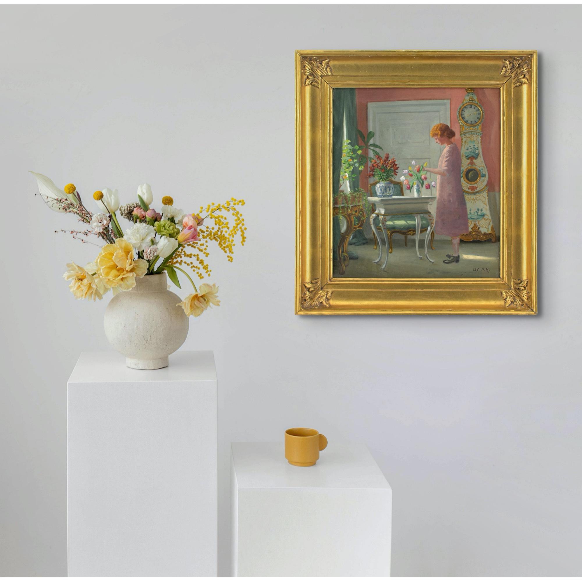 Adolf Heinrich-Hansen, Interior With Girl Arranging Flowers 3