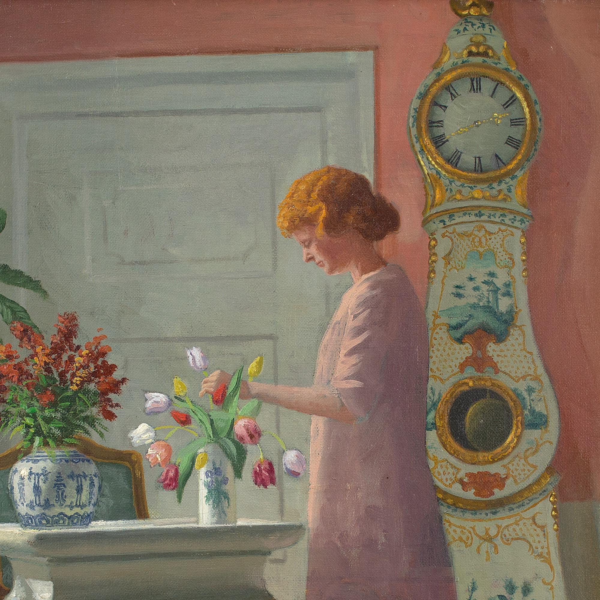 Adolf Heinrich-Hansen, Interior With Girl Arranging Flowers 6