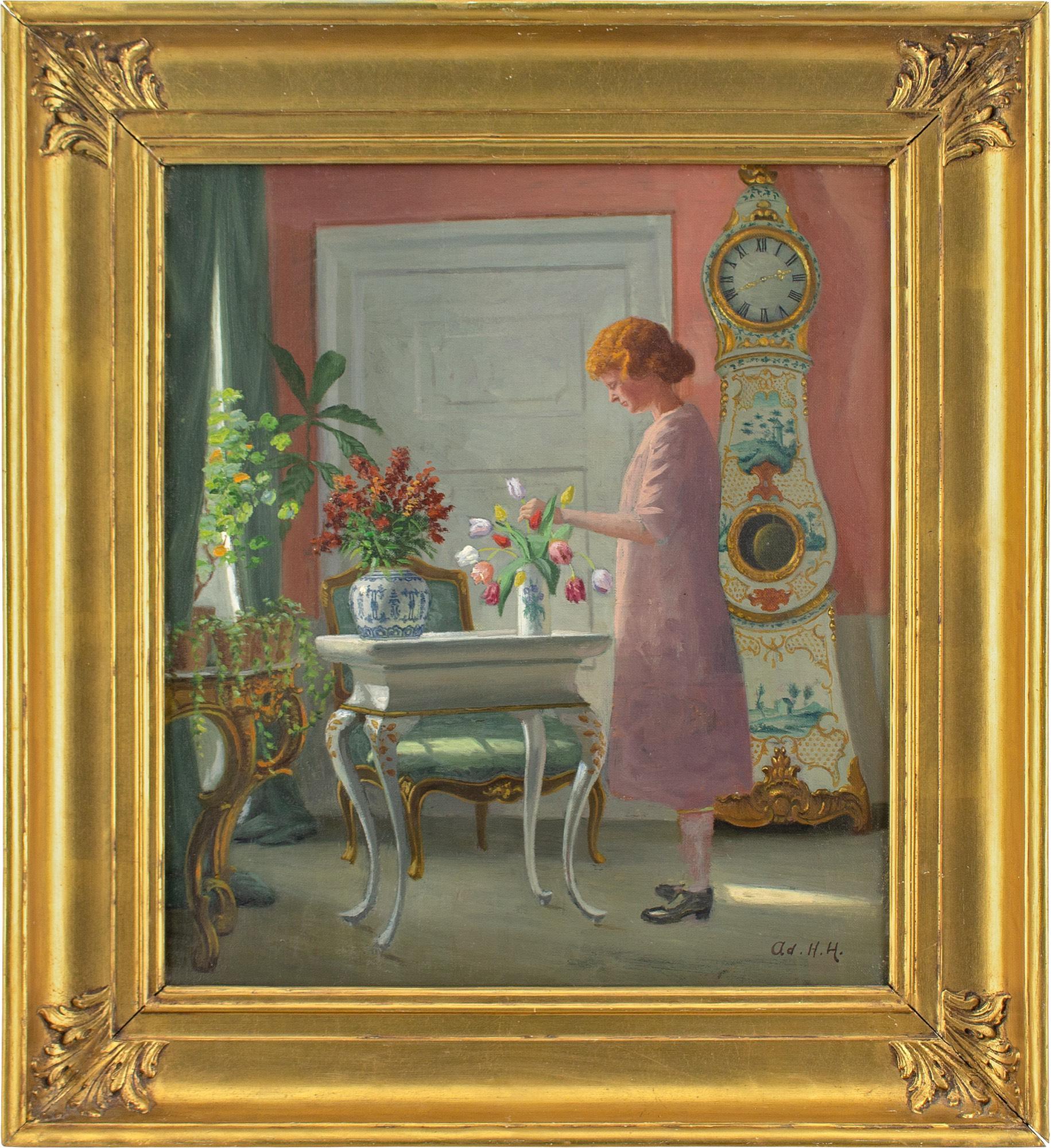 This charming early 20th-century oil painting by Danish artist Adolf Heinrich-Hansen (1859-1925) depicts a beautiful interior with a girl arranging flowers.

The crisp light of a Spring morning cascades through a tall window adorned with flora. The