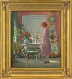 Adolf Heinrich-Hansen, Interior With Girl Arranging Flowers