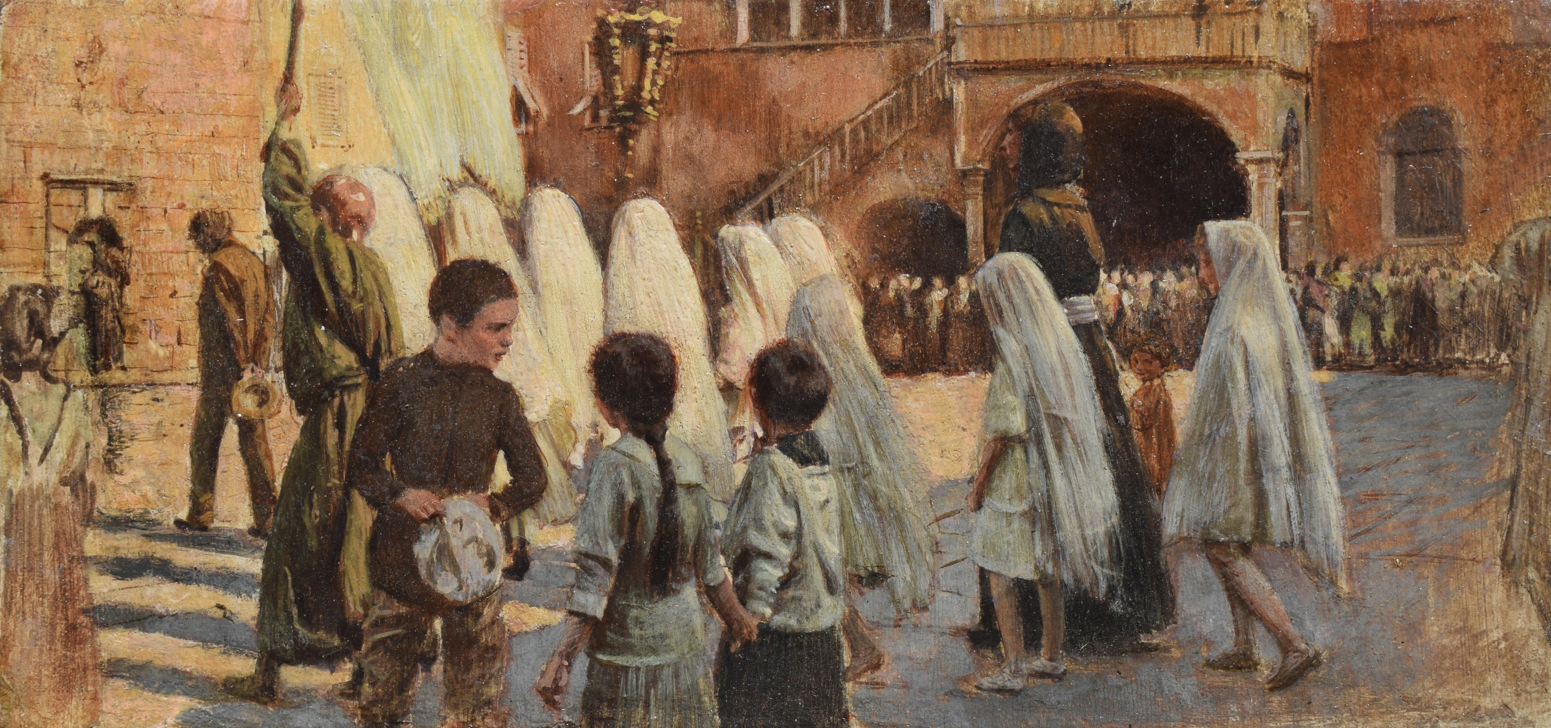 Figurative Painting di  Adolf Hiremy Hirschl - Processione nella piazza di Capodistria