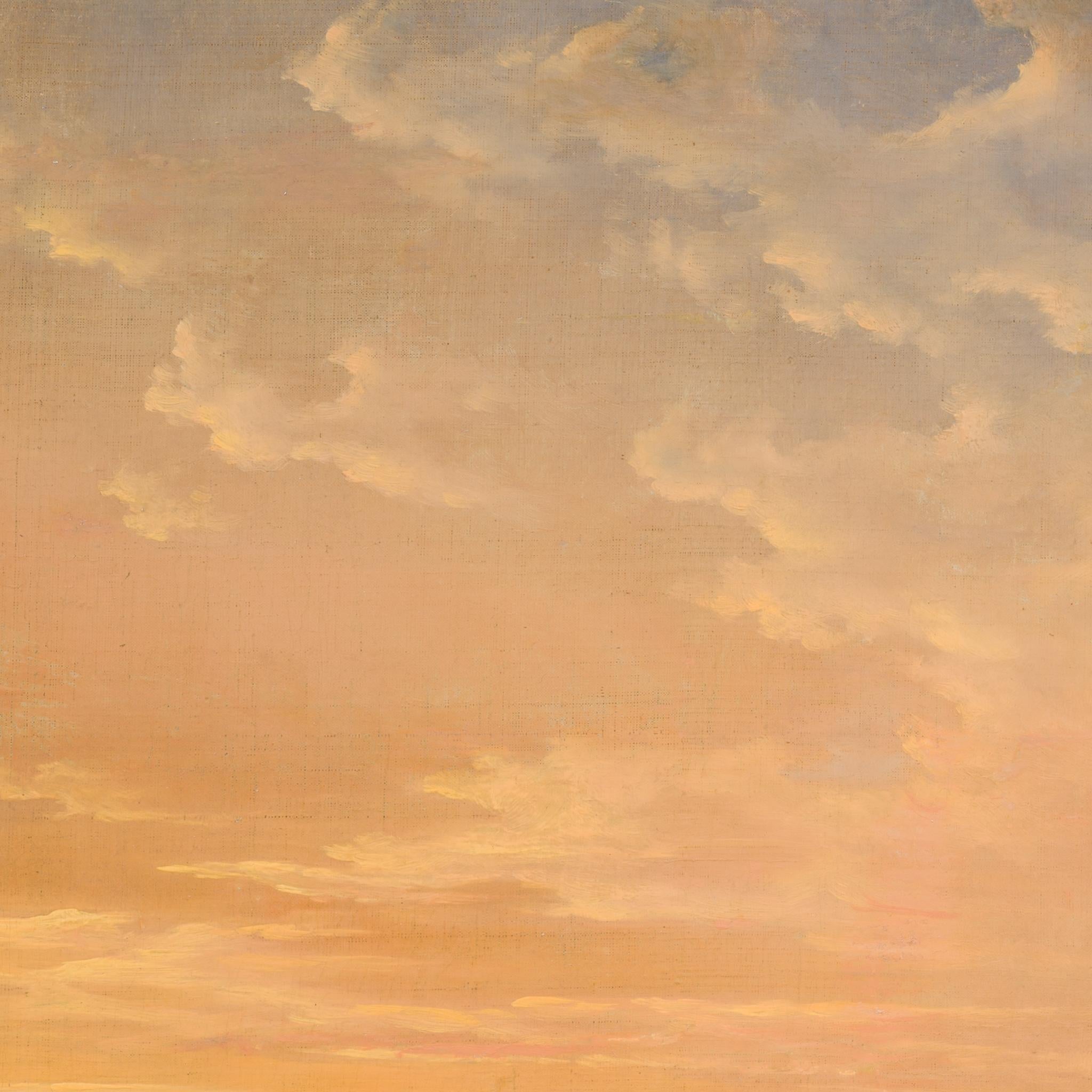 Stilla sommarkväll (1851) by Adolf Julius Berg captures a tranquil summer evening by the water, suffused with the golden glow of sunset. In the foreground, two small boats drift on glassy, reflective waters – in one, a man stands with a fishing rod