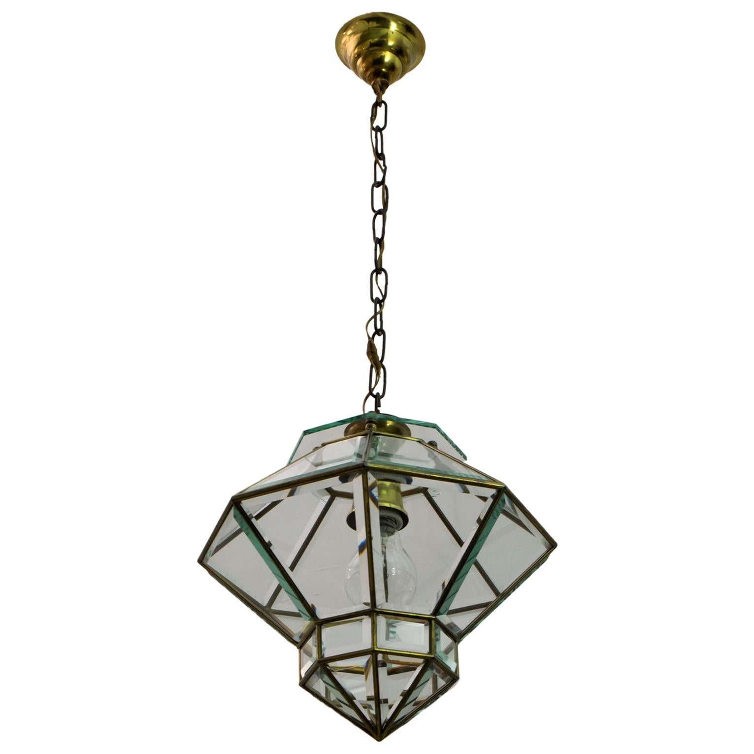 Adolf Loos Art Nouveau Brass and Beveled Glass Pendant Light for Knize, 1905