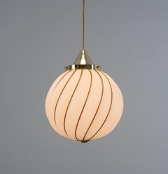 Adolf Loos Pendant Lamp for VeArt Opal Glass Gold Brass Art Deco, circa 1960