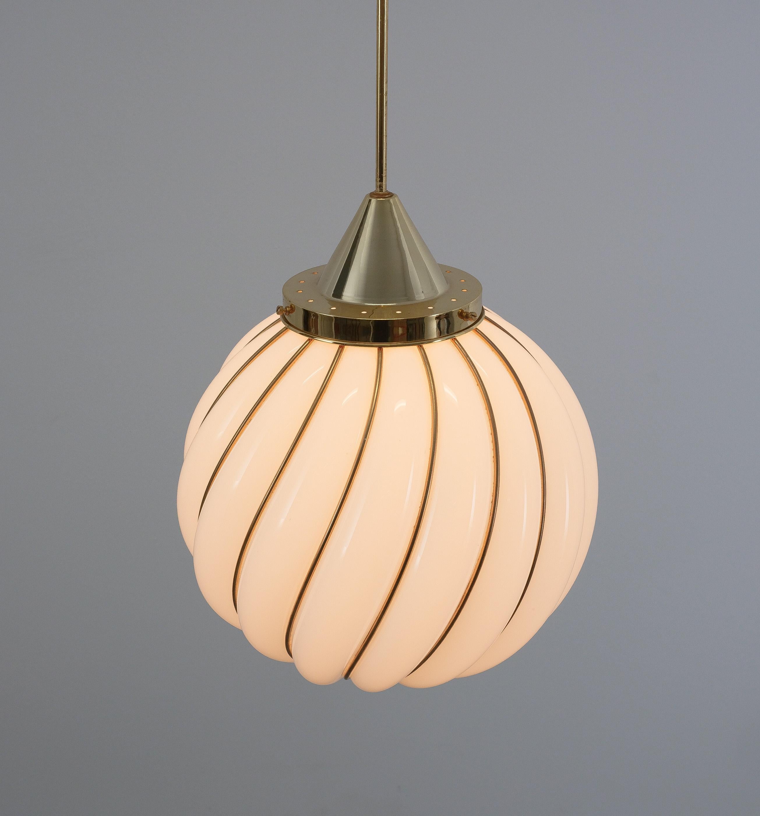 Art Deco Adolf Loos Pendant Lamp for VeArt Opal Glass Gold Brass, circa 1960 For Sale