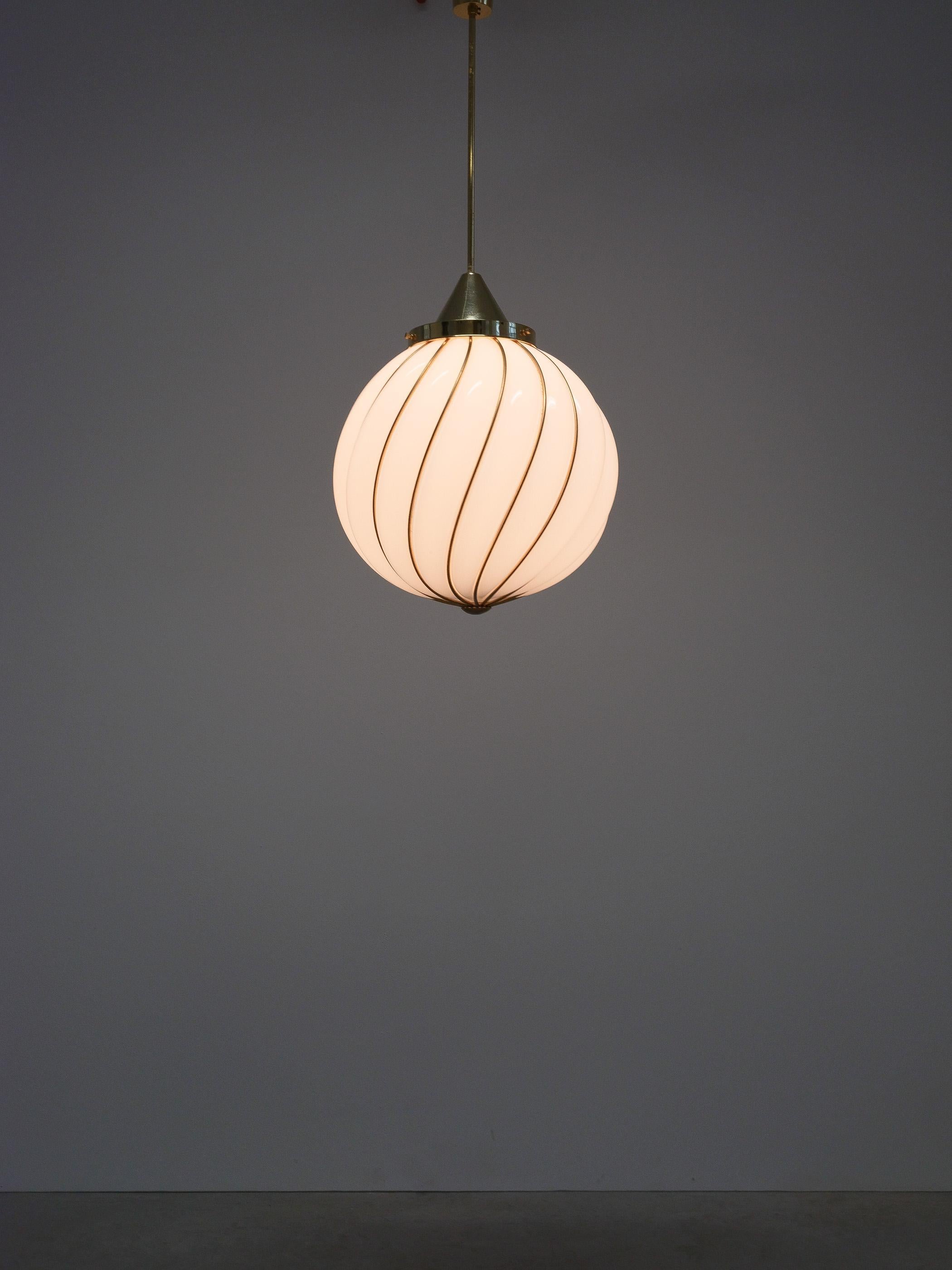 Austrian Adolf Loos Pendant Lamp for VeArt Opal Glass Gold Brass, circa 1960 For Sale