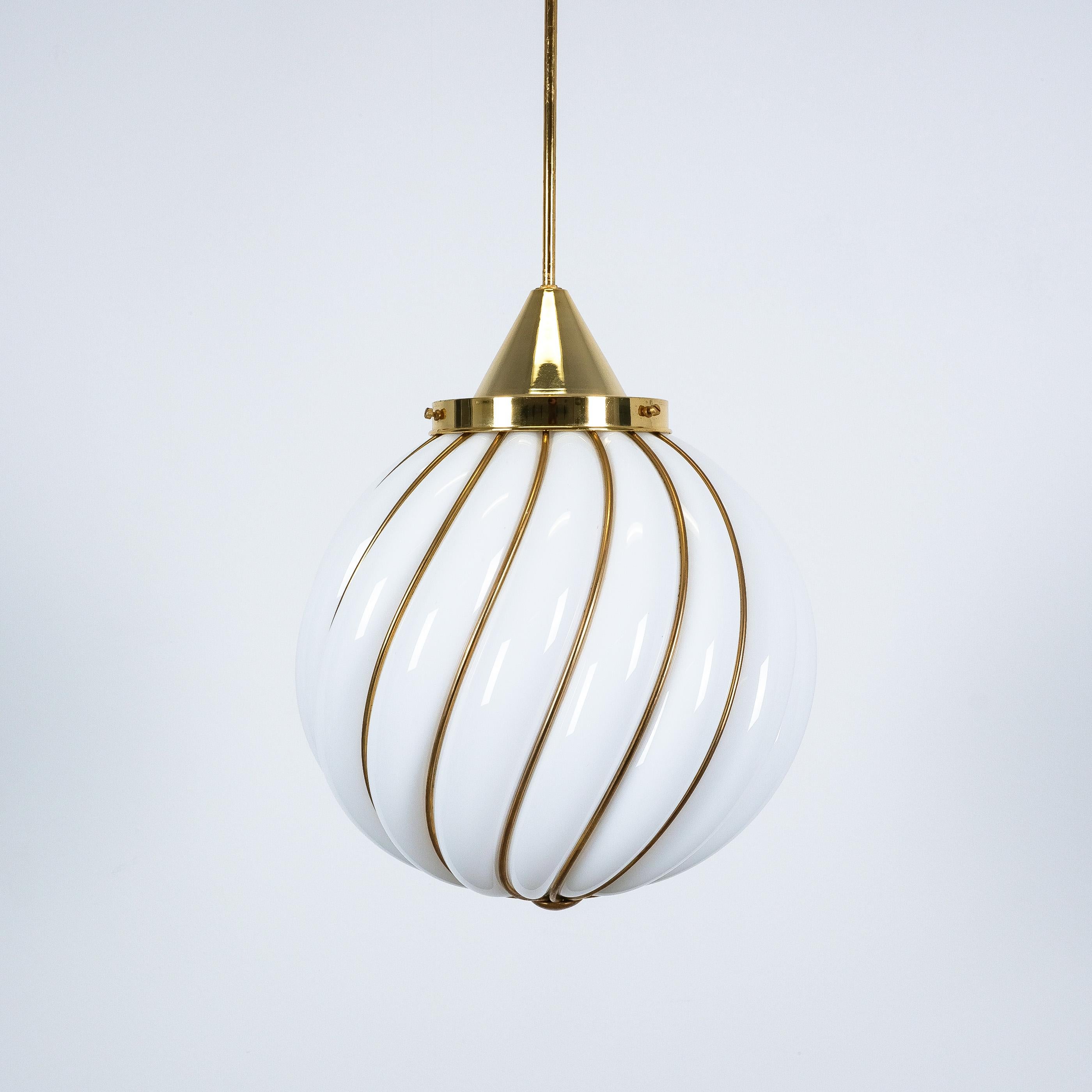 Late 20th Century Adolf Loos Pendant Lamp for VeArt Opal Glass Gold Brass, circa 1960 For Sale