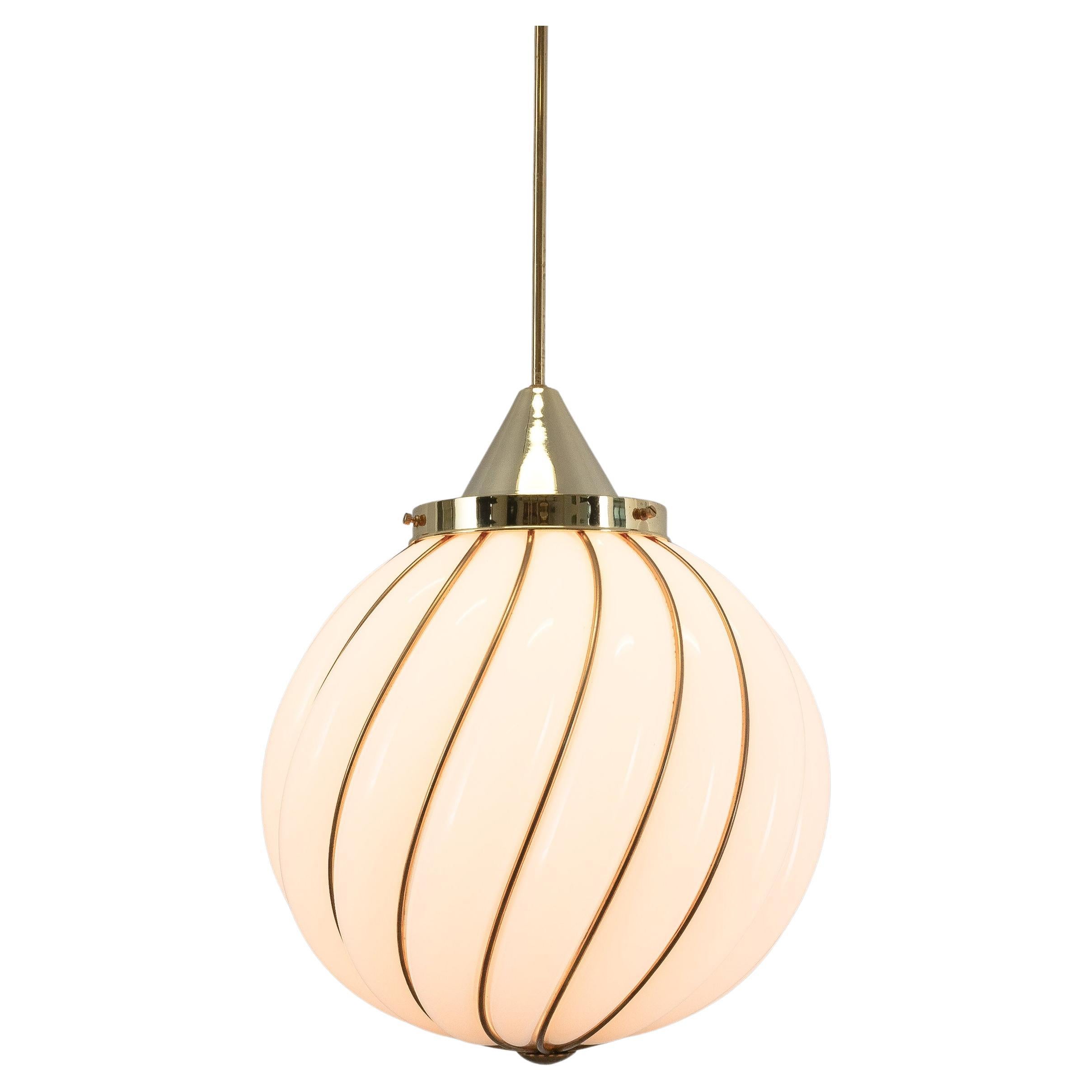 Adolf Loos Pendant Lamp for VeArt Opal Glass Gold Brass, circa 1960 For Sale