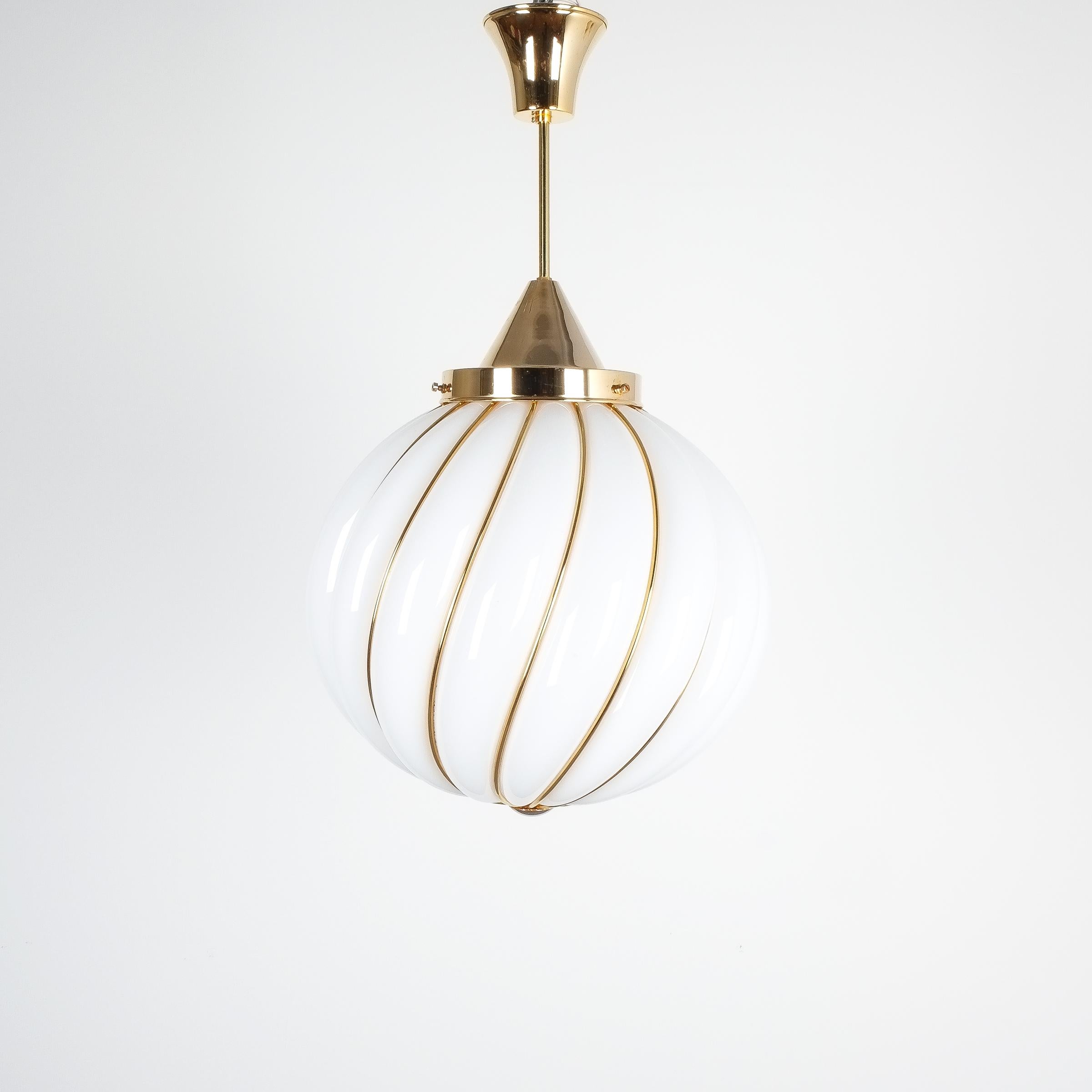 Art Deco Adolf Loos Pendant Lamps for VeArt Opal Glass Gold Brass, circa 1960