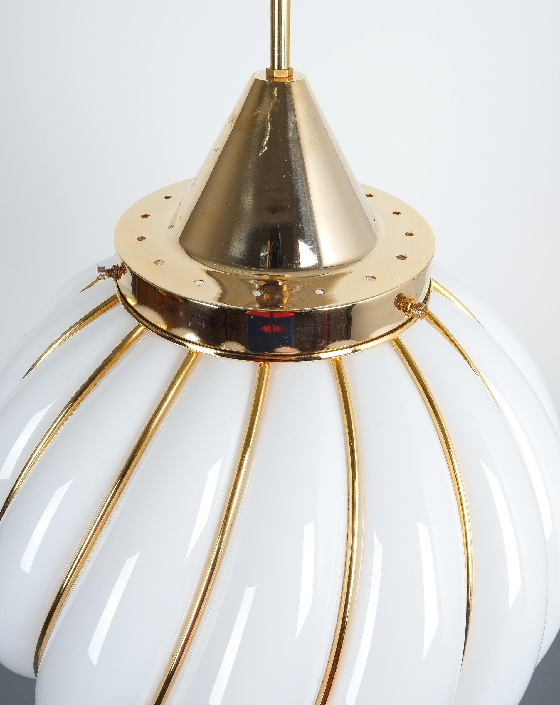 Gilt Adolf Loos Pendant Lamps for VeArt Opal Glass Gold Brass, circa 1960