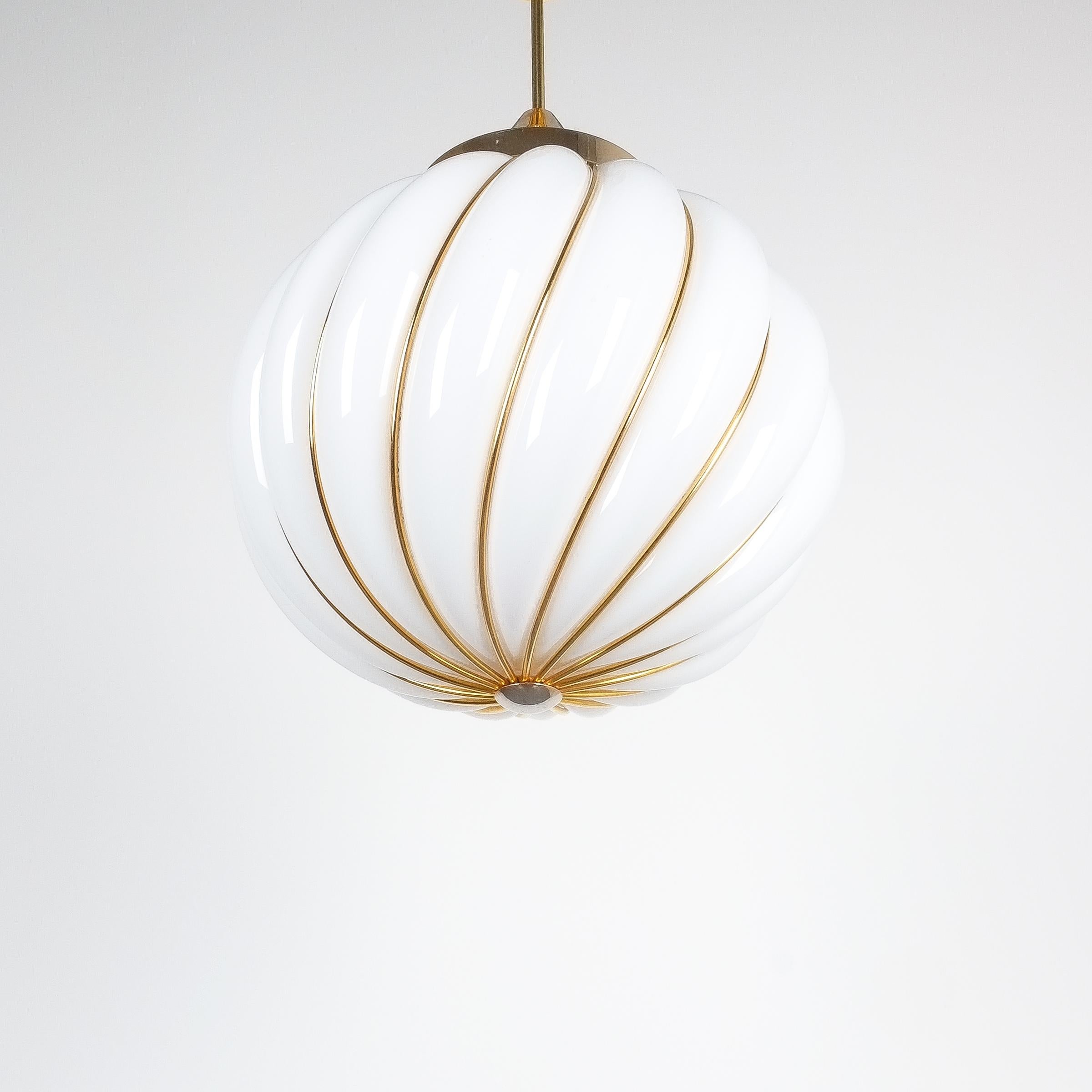 Adolf Loos Pendant Lamps for VeArt Opal Glass Gold Brass, circa 1960 In Good Condition In Vienna, AT