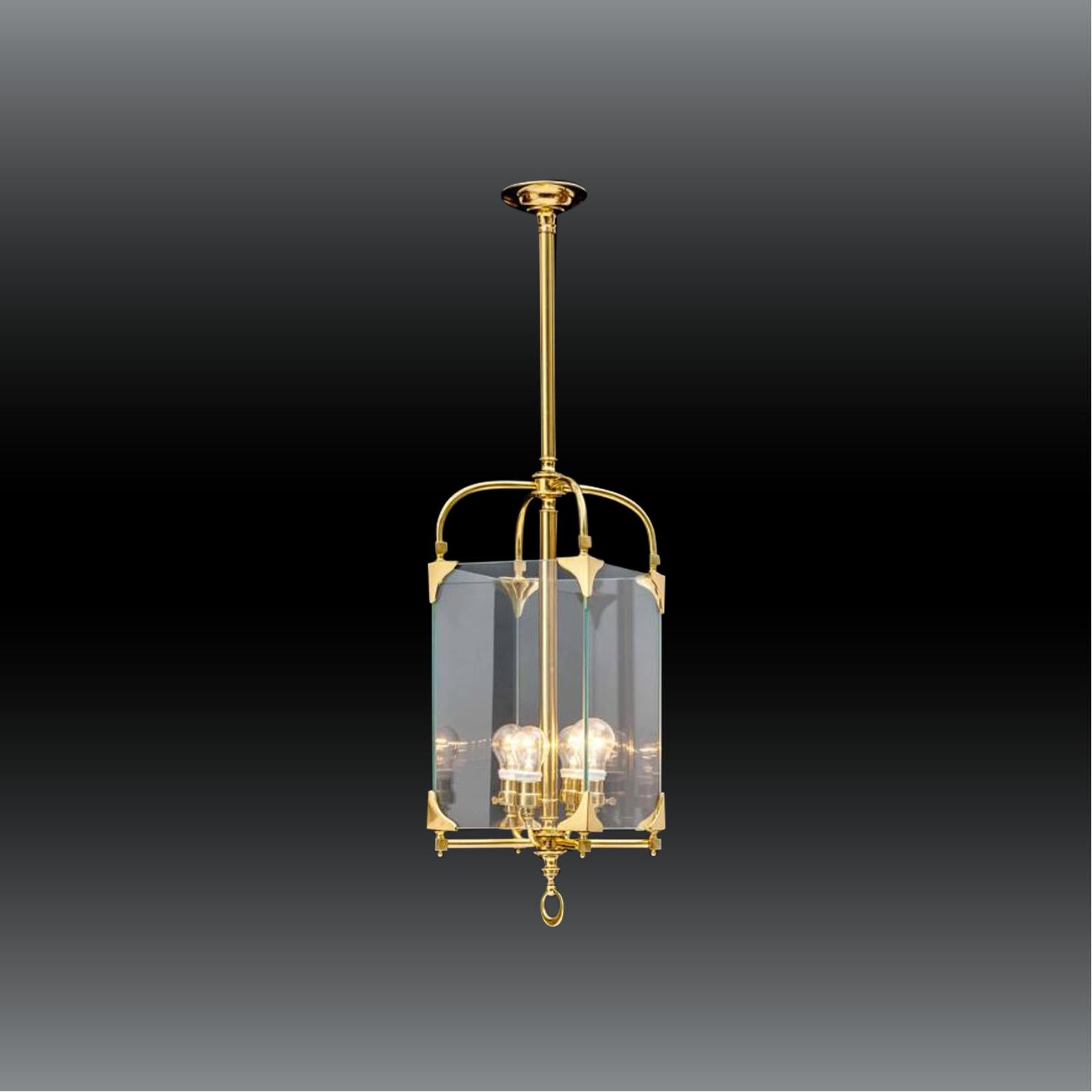 Hand-Crafted Adolf Loos Secession Jugendstil Glass and Brass Lantern Chandelier Re-Edition For Sale