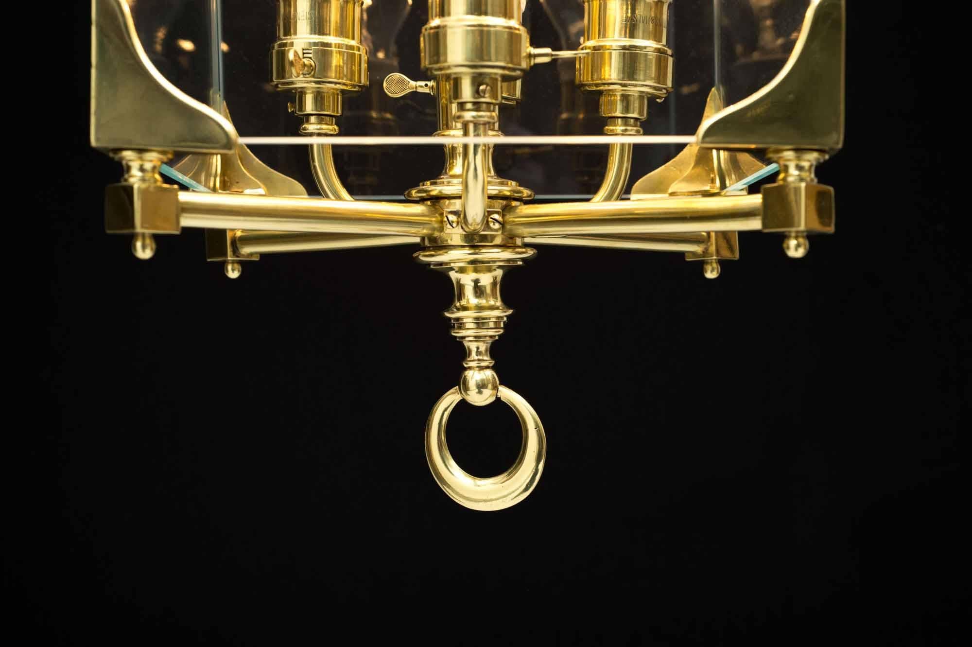Contemporary Adolf Loos Secession Jugendstil Glass and Brass Lantern Chandelier Re-Edition For Sale
