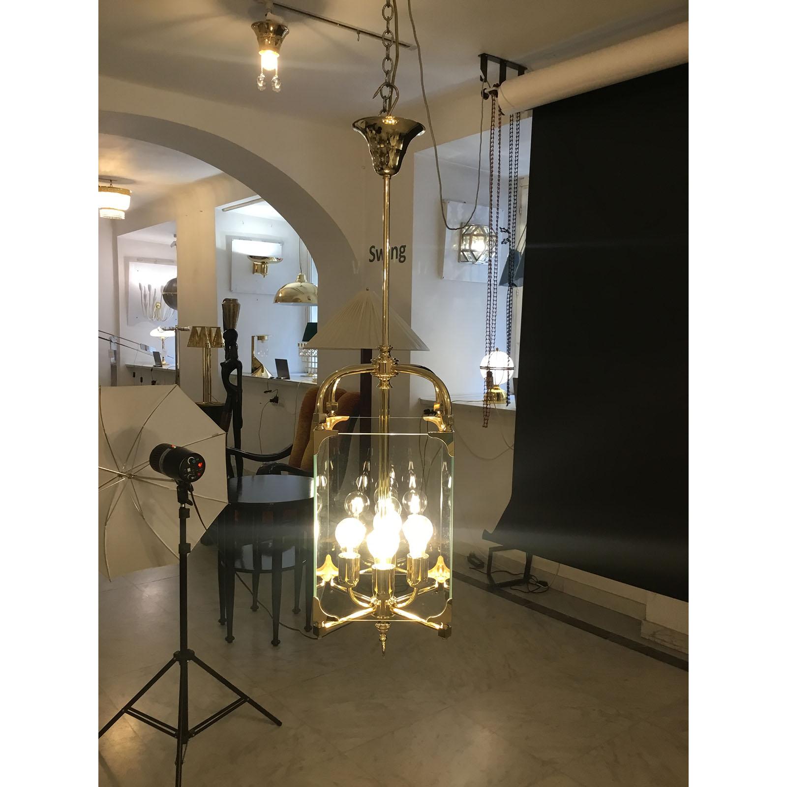 Adolf Loos Secession Jugendstil Glass and Brass Lantern Chandelier Re-Edition For Sale 1