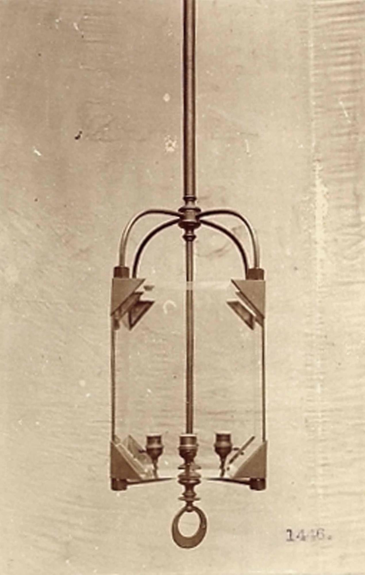 Adolf Loos Secession Jugendstil Glass and Brass Lantern Chandelier Re-Edition For Sale 2