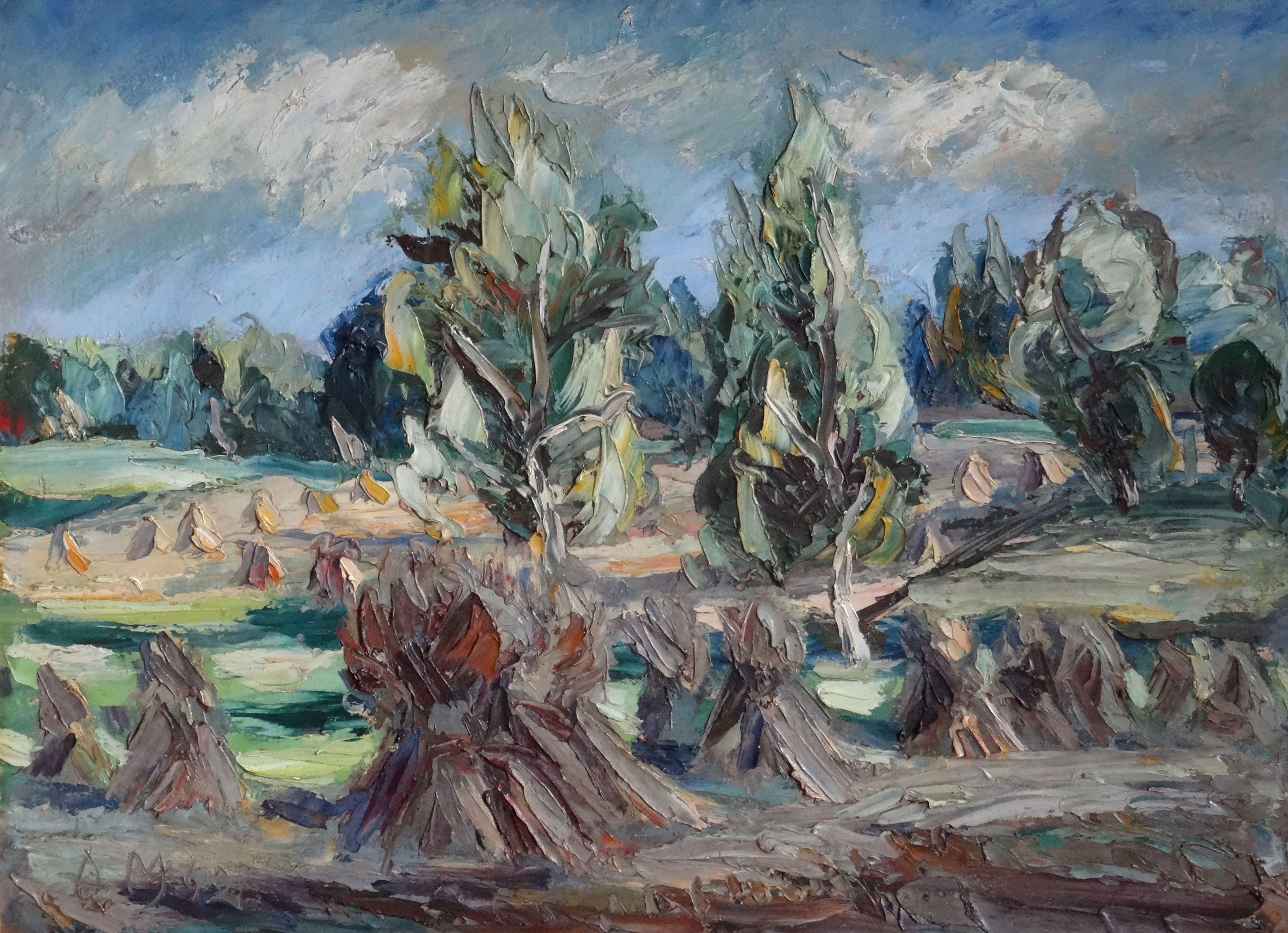 Soirée d'automne  1943, huile sur carton, 45 x 60 cm - Painting de Adolf Melnars