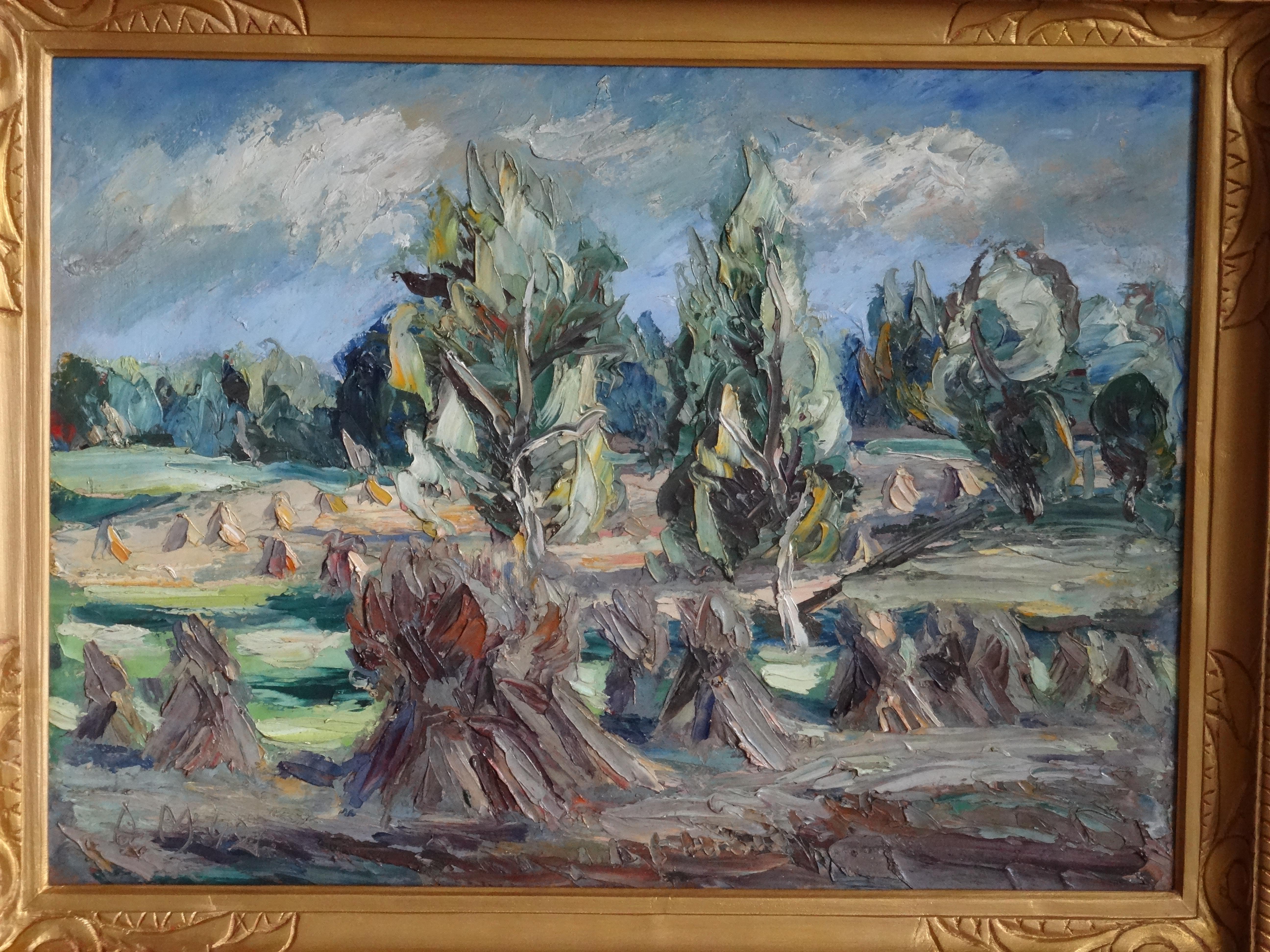Soirée d'automne  1943, huile sur carton, 45 x 60 cm - Expressionniste Painting par Adolf Melnars