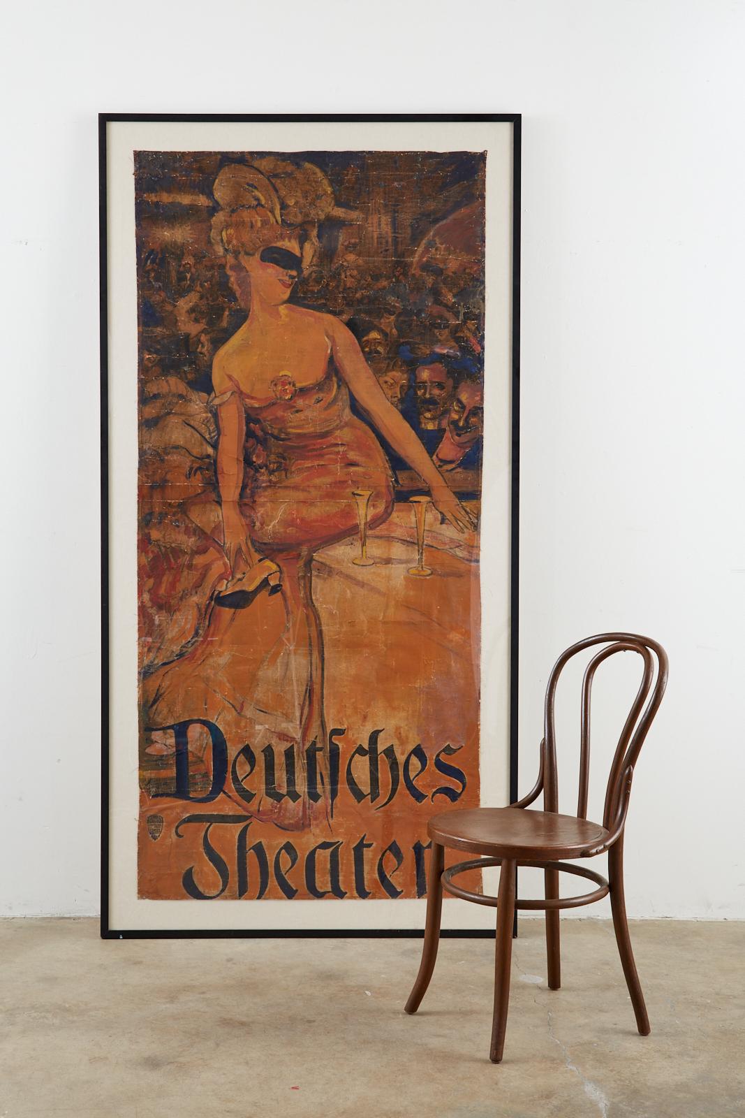 Fantastic photolithograph poster hand painted by Adolf Franz Munzer (German 1870-1953). The original Bal-Pare Deutsches theater poster is painted over and signed by Munzer dated 1905. Laid on a linen backing and set in an ebonized frame with a