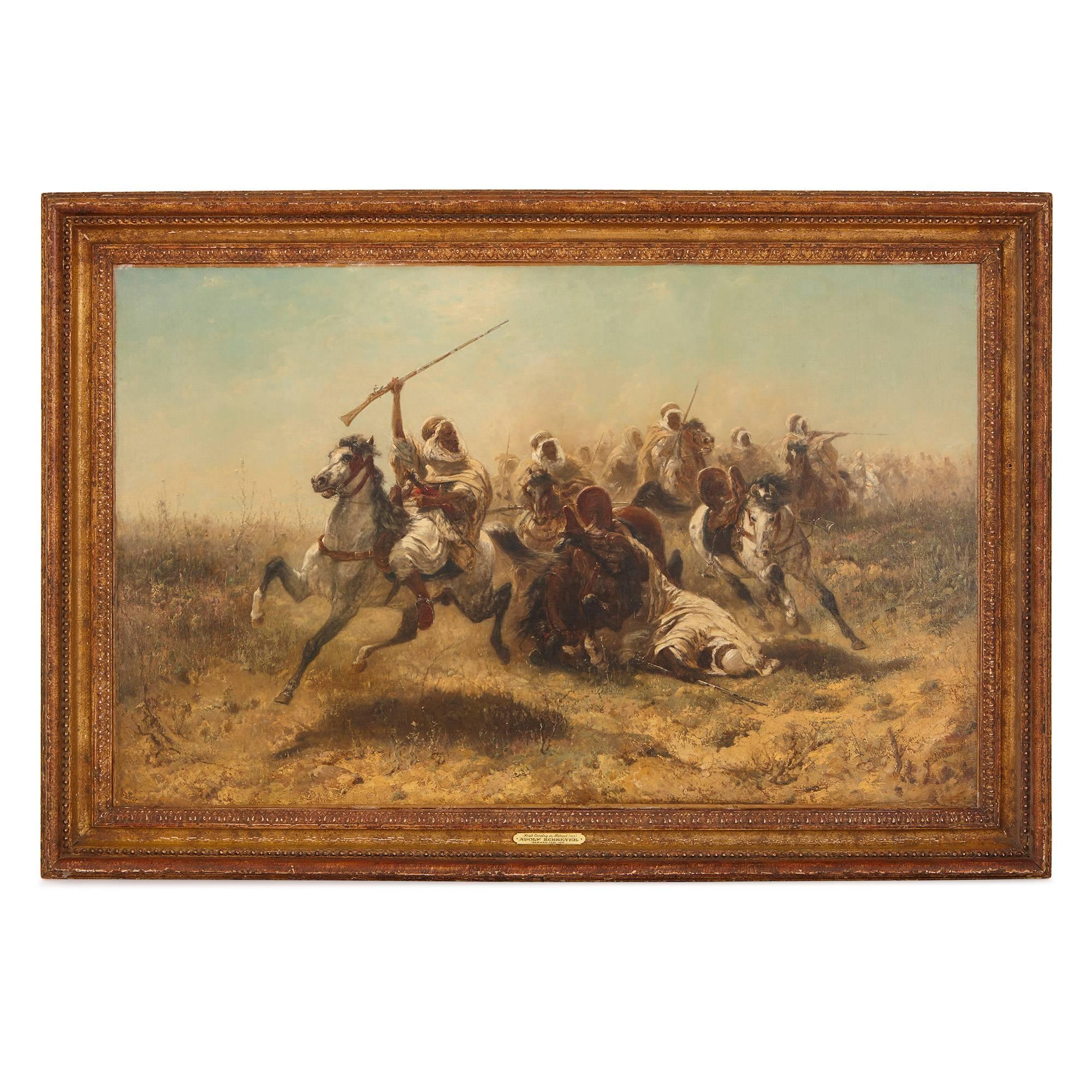 Adolf Schreyer Animal Painting - 'Arab Cavalry in Retreat', 19th Century Orientalist oil painting