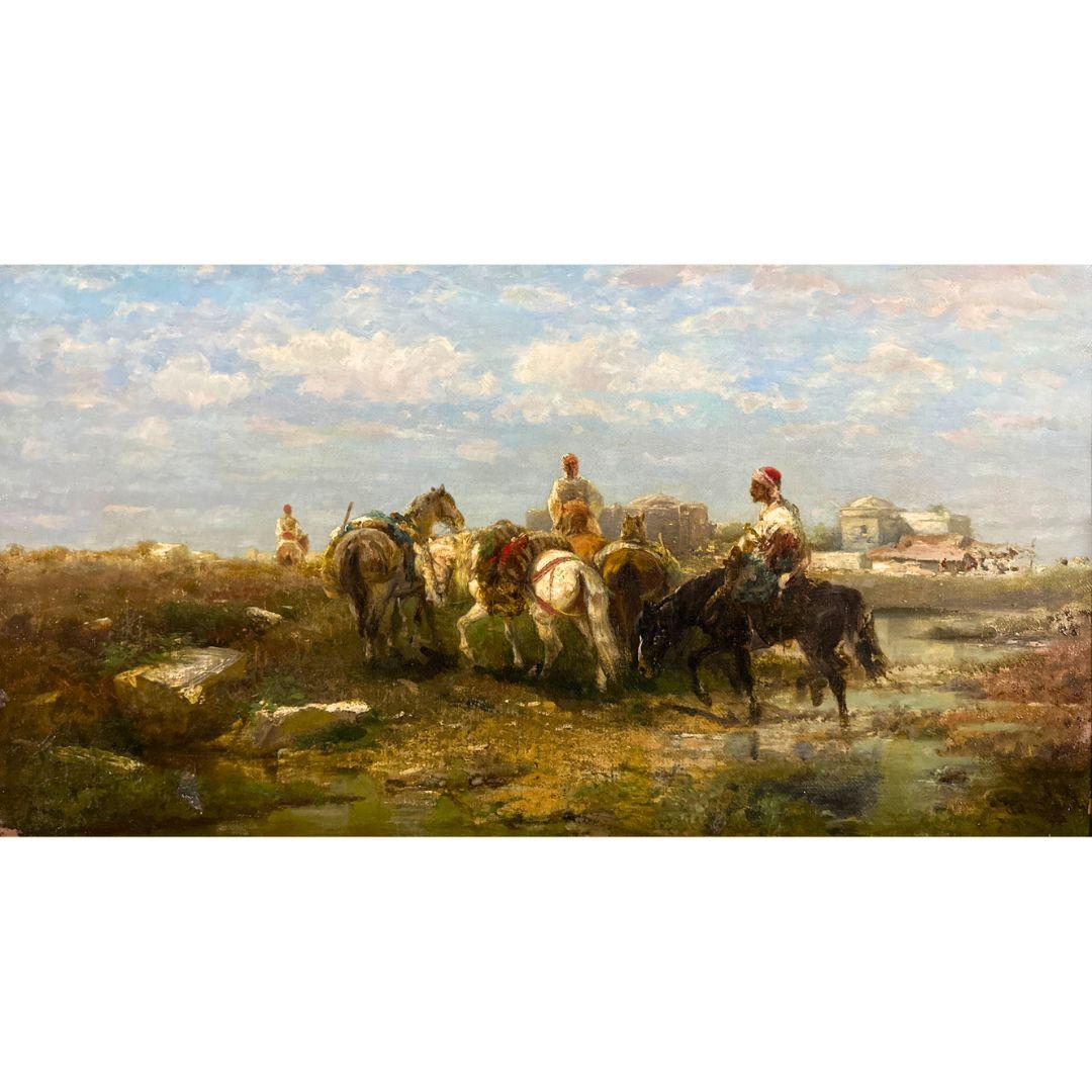 Peinture à l'huile orientaliste ancienne sur toile - Paysage - Chevaux arabes du 19ème siècle  - Painting de Adolf Schreyer