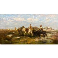 Arab Horsemen 19th Century Antique Landscape orientalist Oil Painting on Canvas