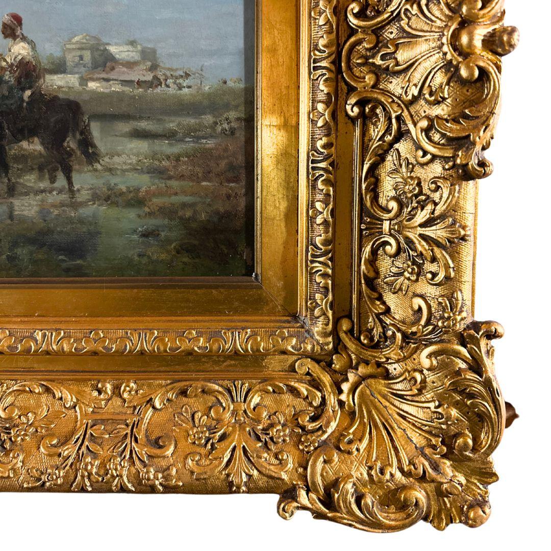 Arab Horsemen 19th Century Antique Landscape orientalist Oil Painting on Canvas  For Sale 4